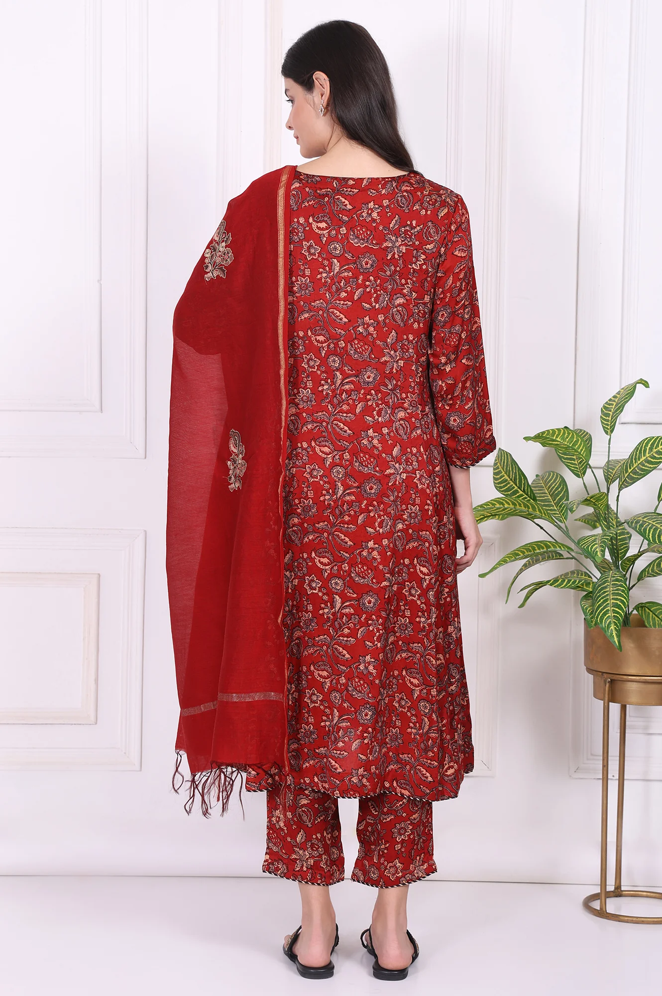 Red Floral Printed Modal Satin Straight Kurta, Pants and Dupatta Set - Image 5