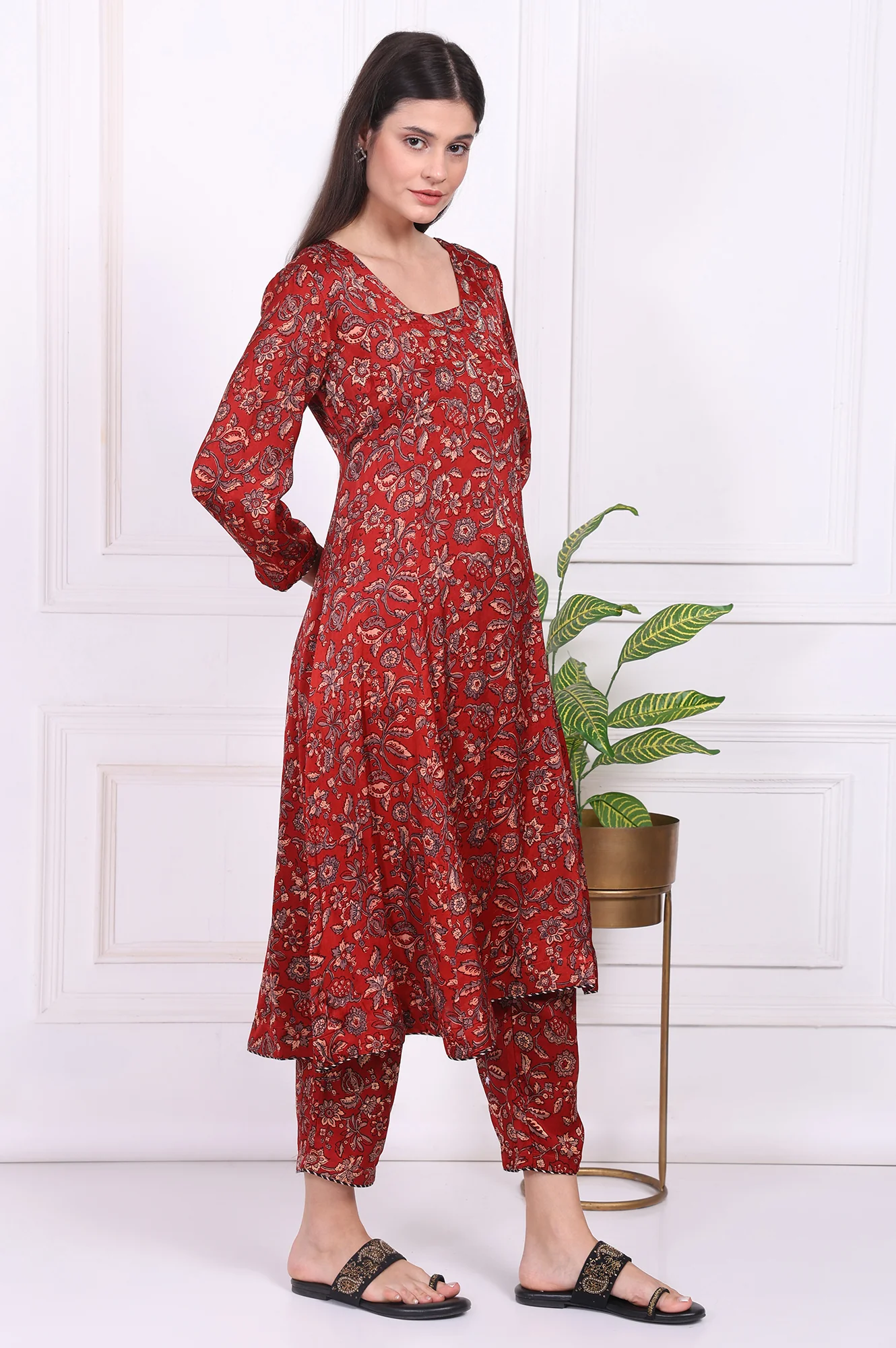 Red Floral Printed Modal Satin Straight Kurta, Pants and Dupatta Set - Image 6