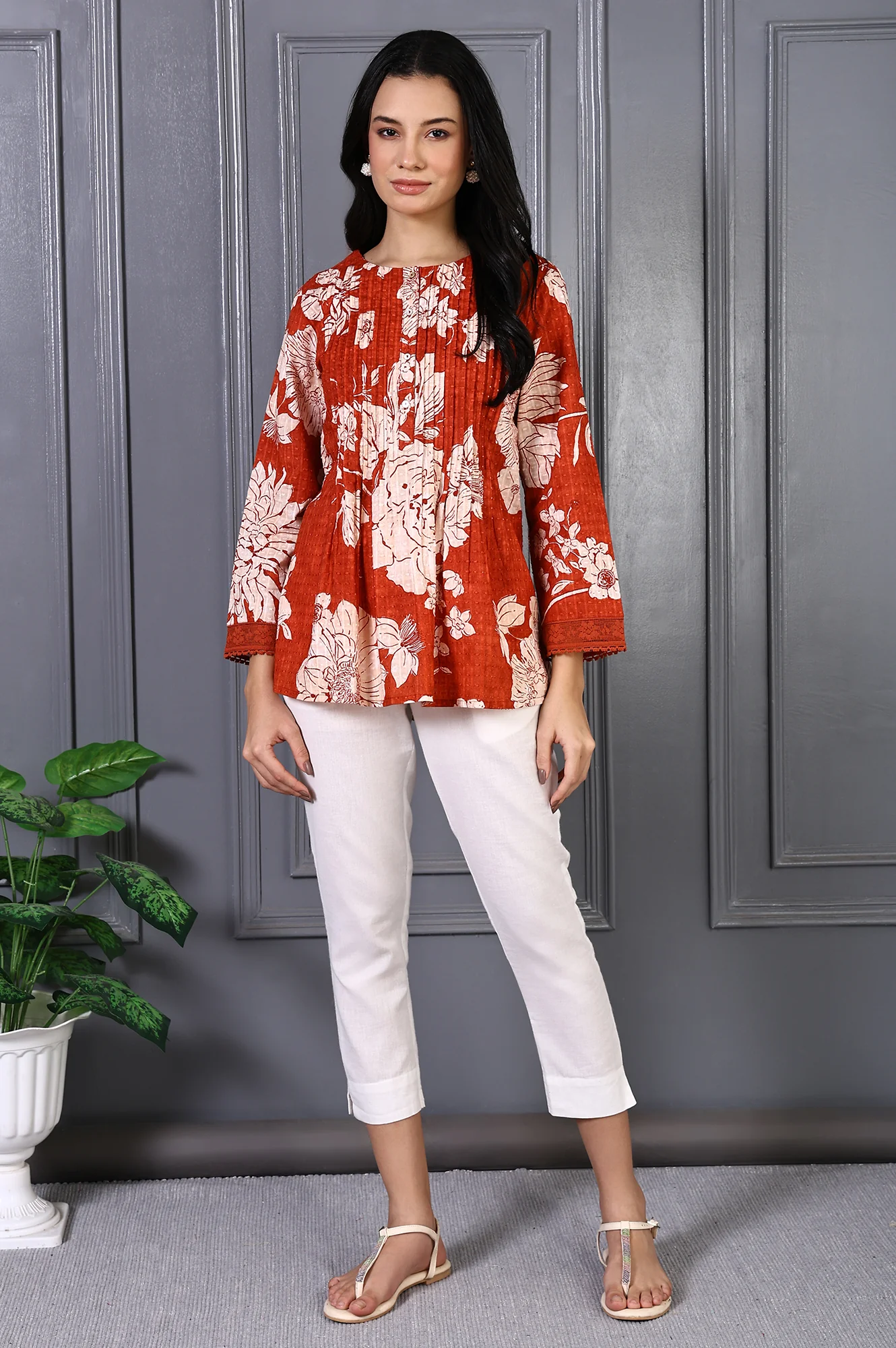 Red Floral Printed Pintuck Pure Cotton A-line Top with Lace - Image 2