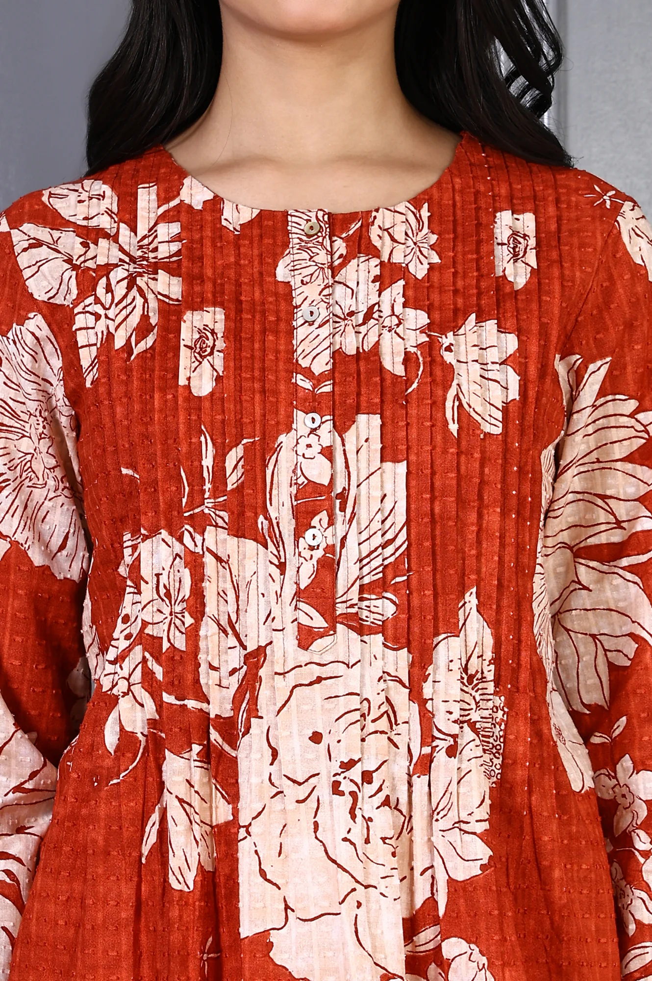 Red Floral Printed Pintuck Pure Cotton A-line Top with Lace - Image 3
