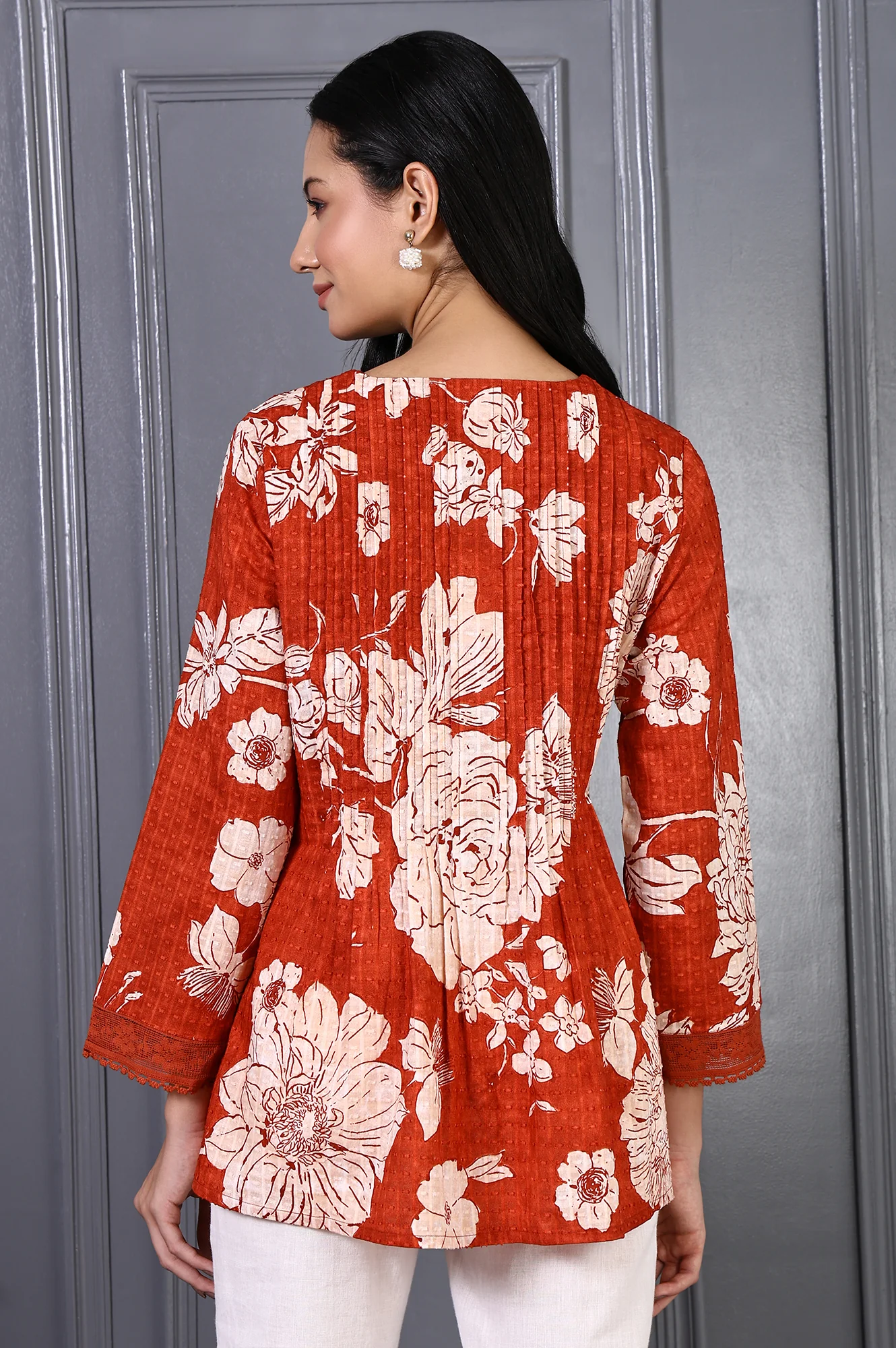 Red Floral Printed Pintuck Pure Cotton A-line Top with Lace - Image 5