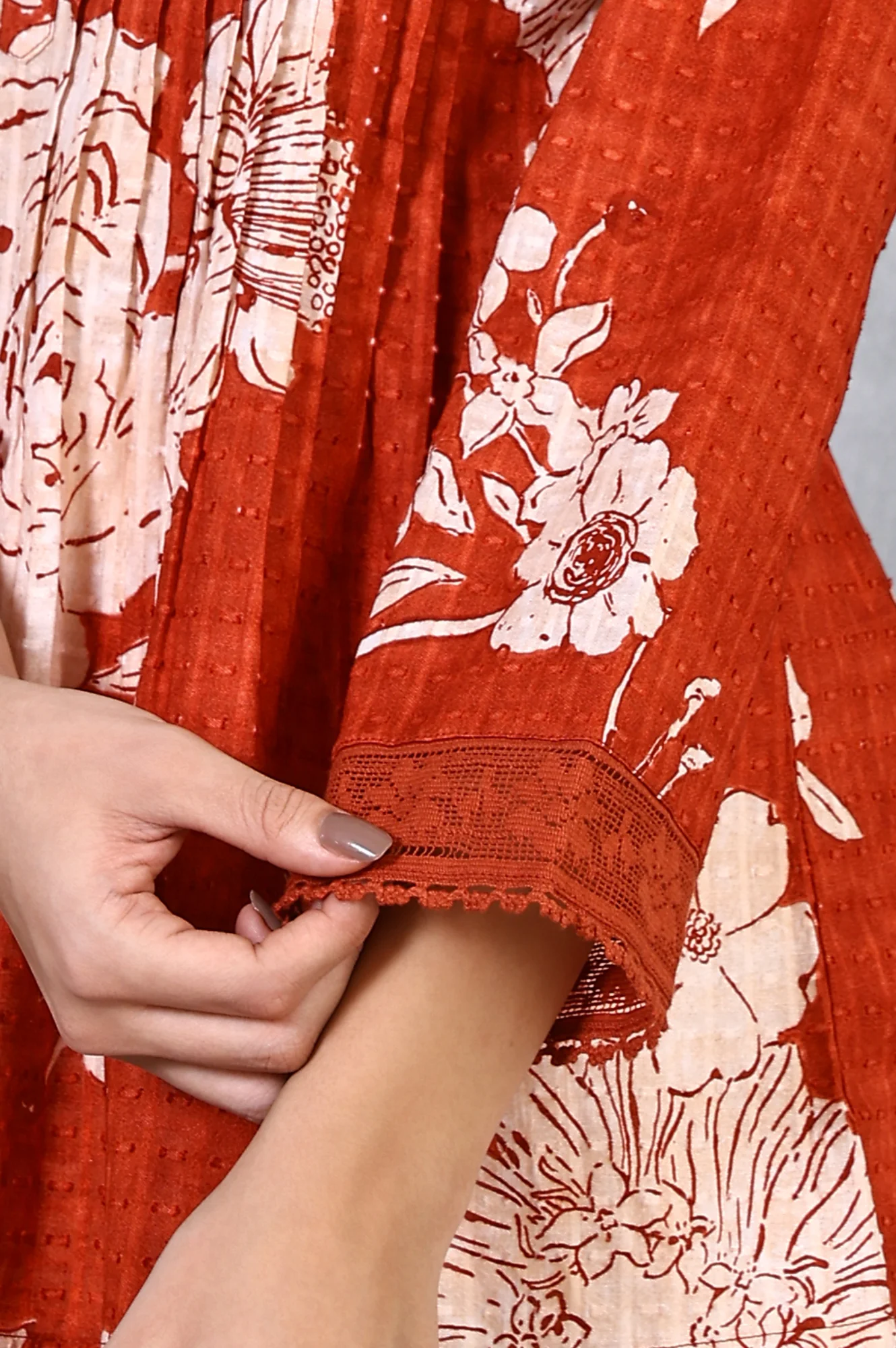 Red Floral Printed Pintuck Pure Cotton A-line Top with Lace - Image 7