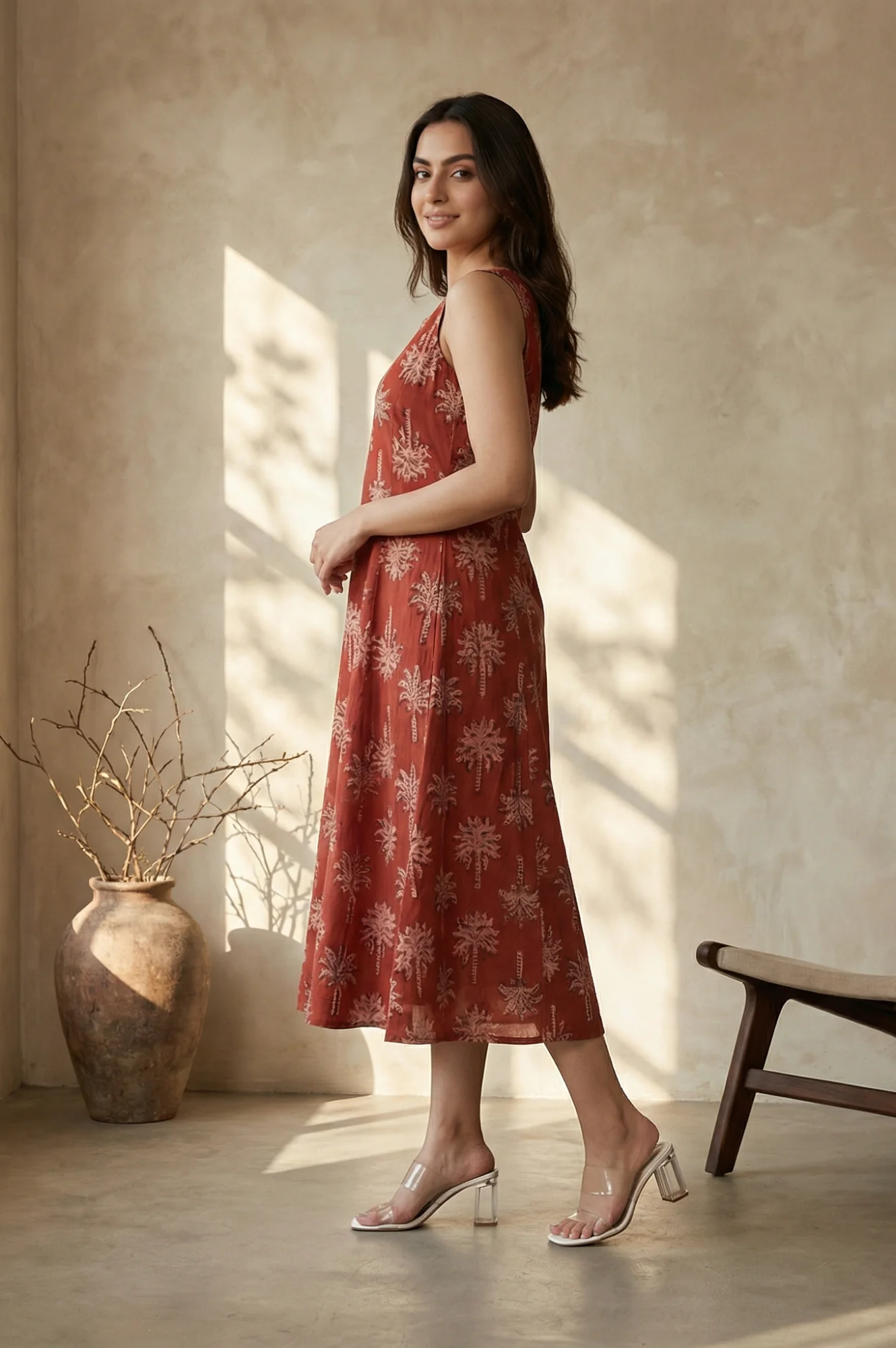 Red Floral Printed Pure Cotton A-line Dress - Image 3