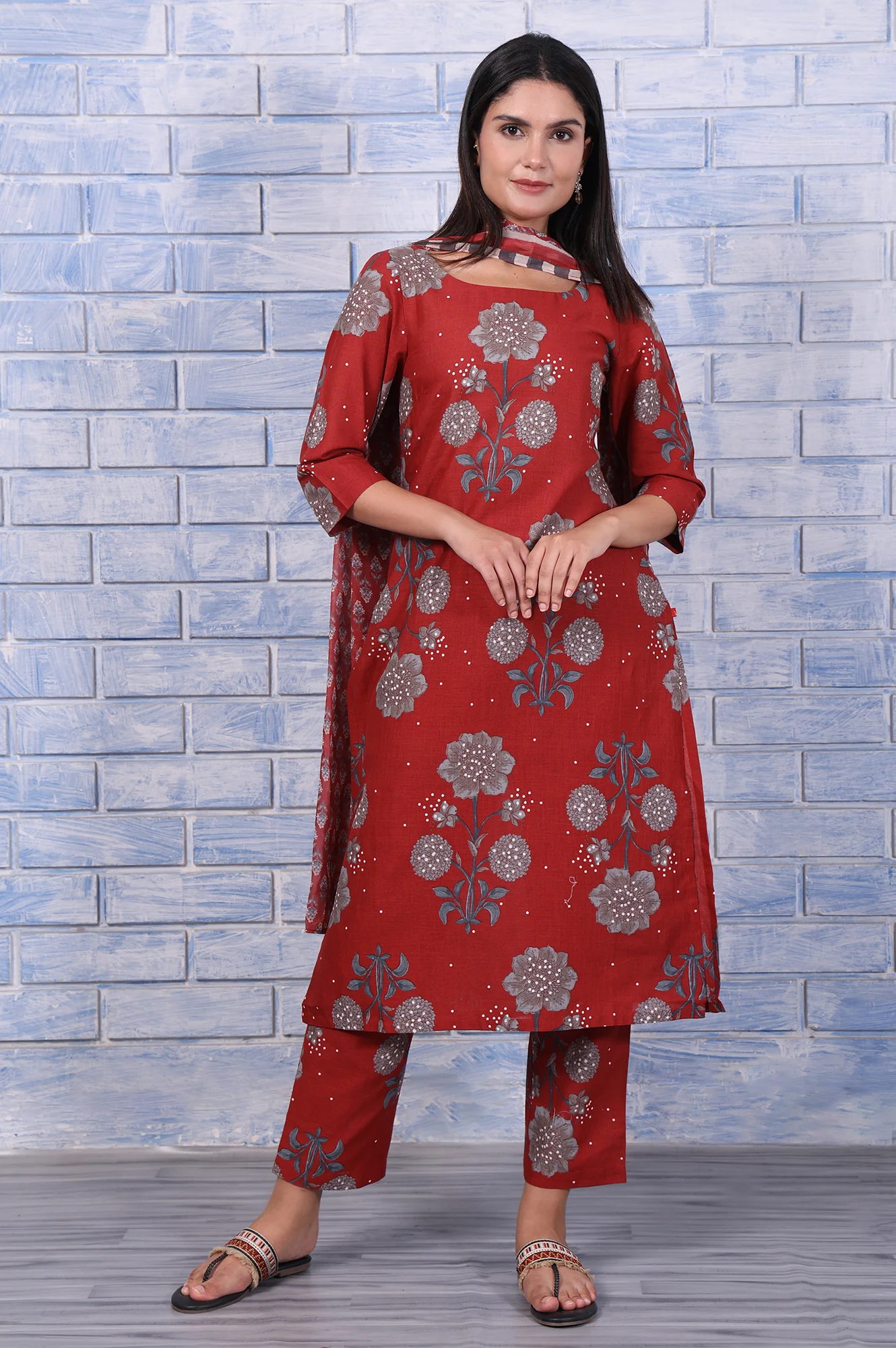 Red Floral Printed Pure Cotton A-Line Kurta, Straight Pant And Dupatta Set - Image 2