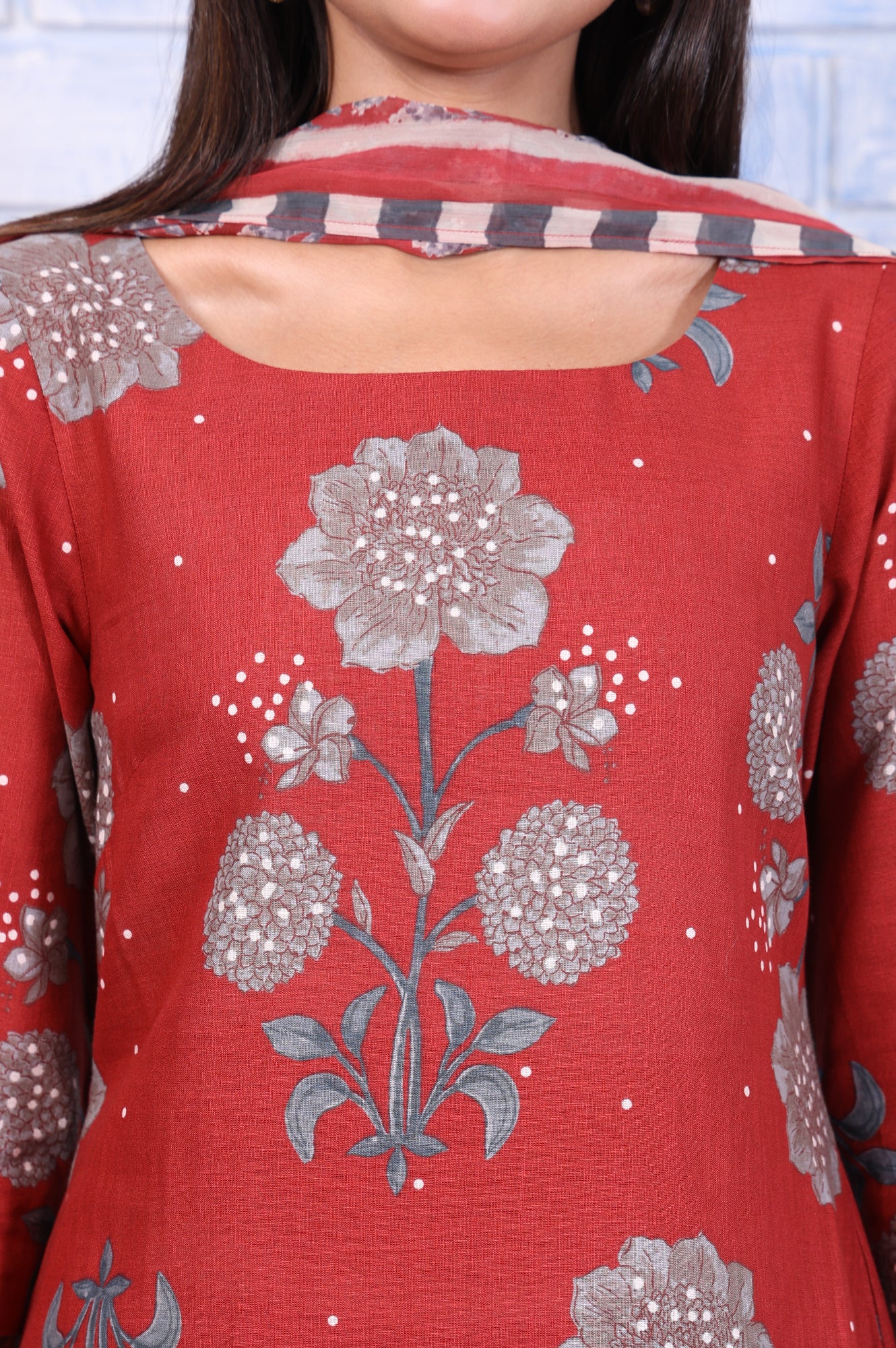 Red Floral Printed Pure Cotton A-Line Kurta, Straight Pant And Dupatta Set - Image 3