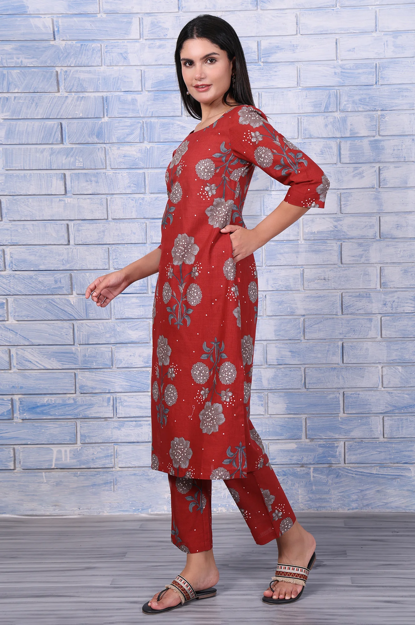 Red Floral Printed Pure Cotton A-Line Kurta, Straight Pant And Dupatta Set - Image 4