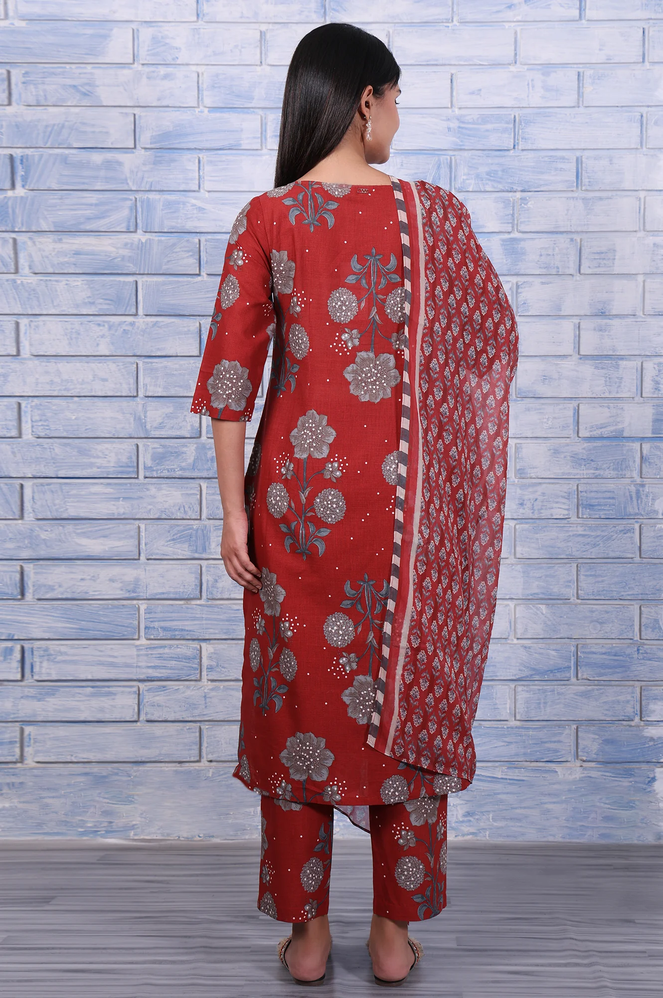 Red Floral Printed Pure Cotton A-Line Kurta, Straight Pant And Dupatta Set - Image 5