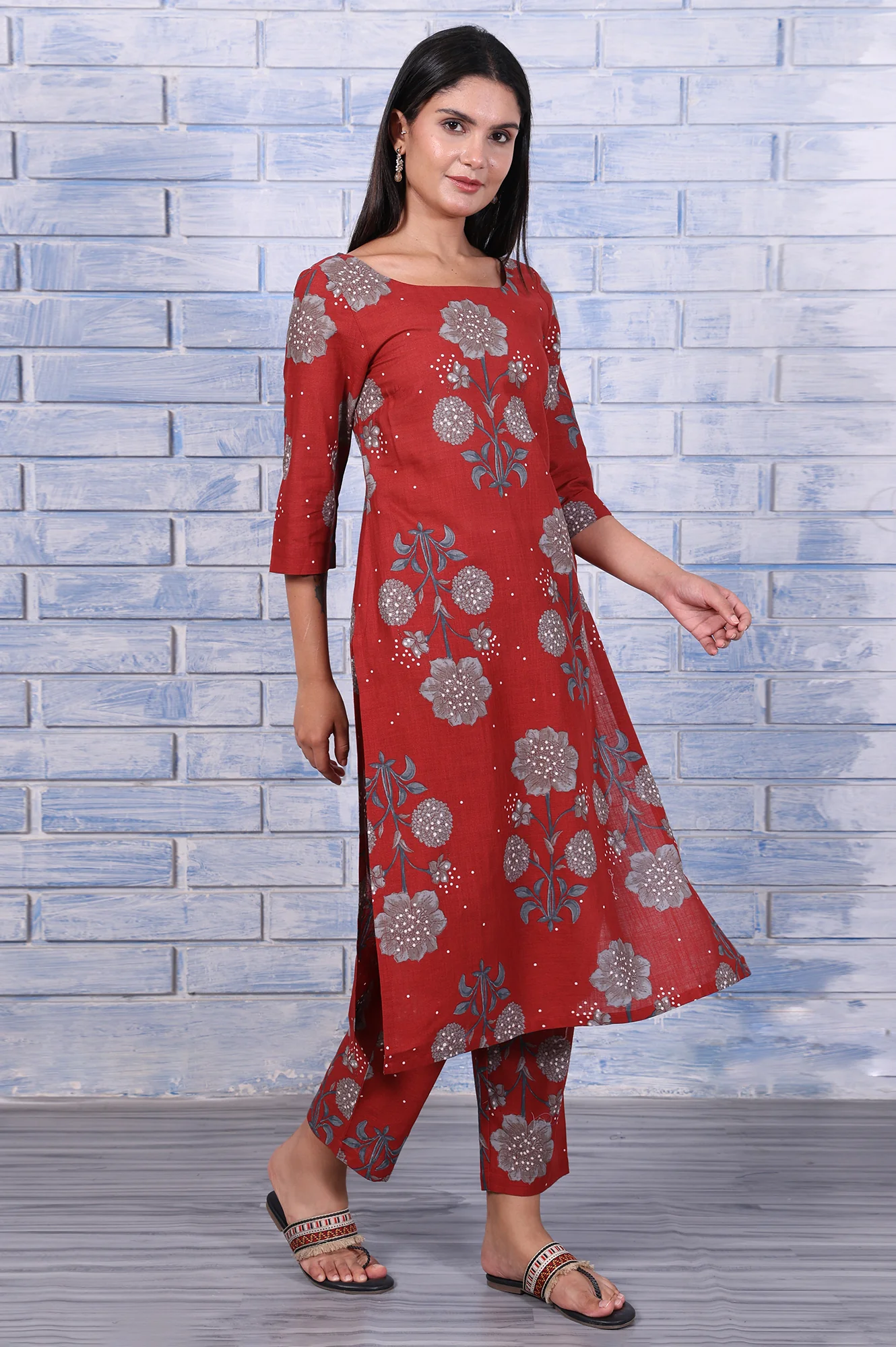 Red Floral Printed Pure Cotton A-Line Kurta, Straight Pant And Dupatta Set - Image 6