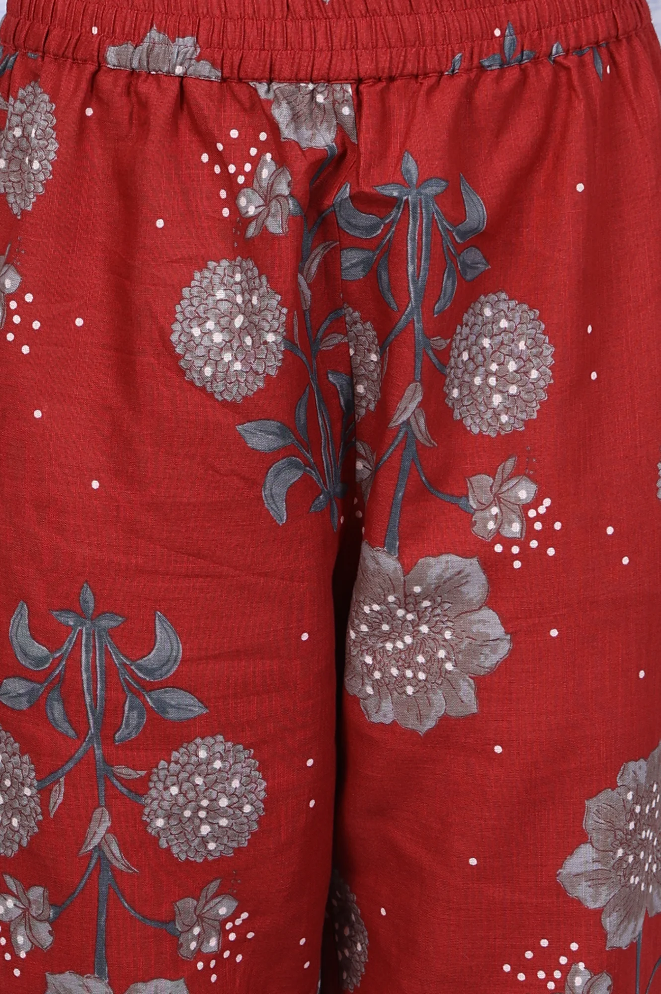 Red Floral Printed Pure Cotton A-Line Kurta, Straight Pant And Dupatta Set - Image 8