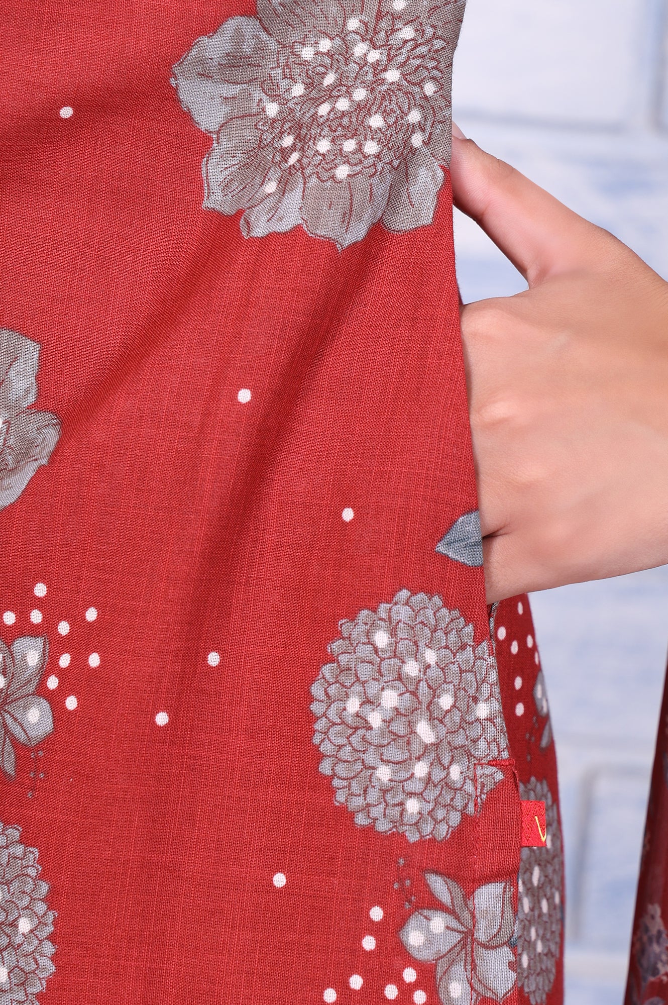 Red Floral Printed Pure Cotton A-Line Kurta, Straight Pant And Dupatta Set - Image 9