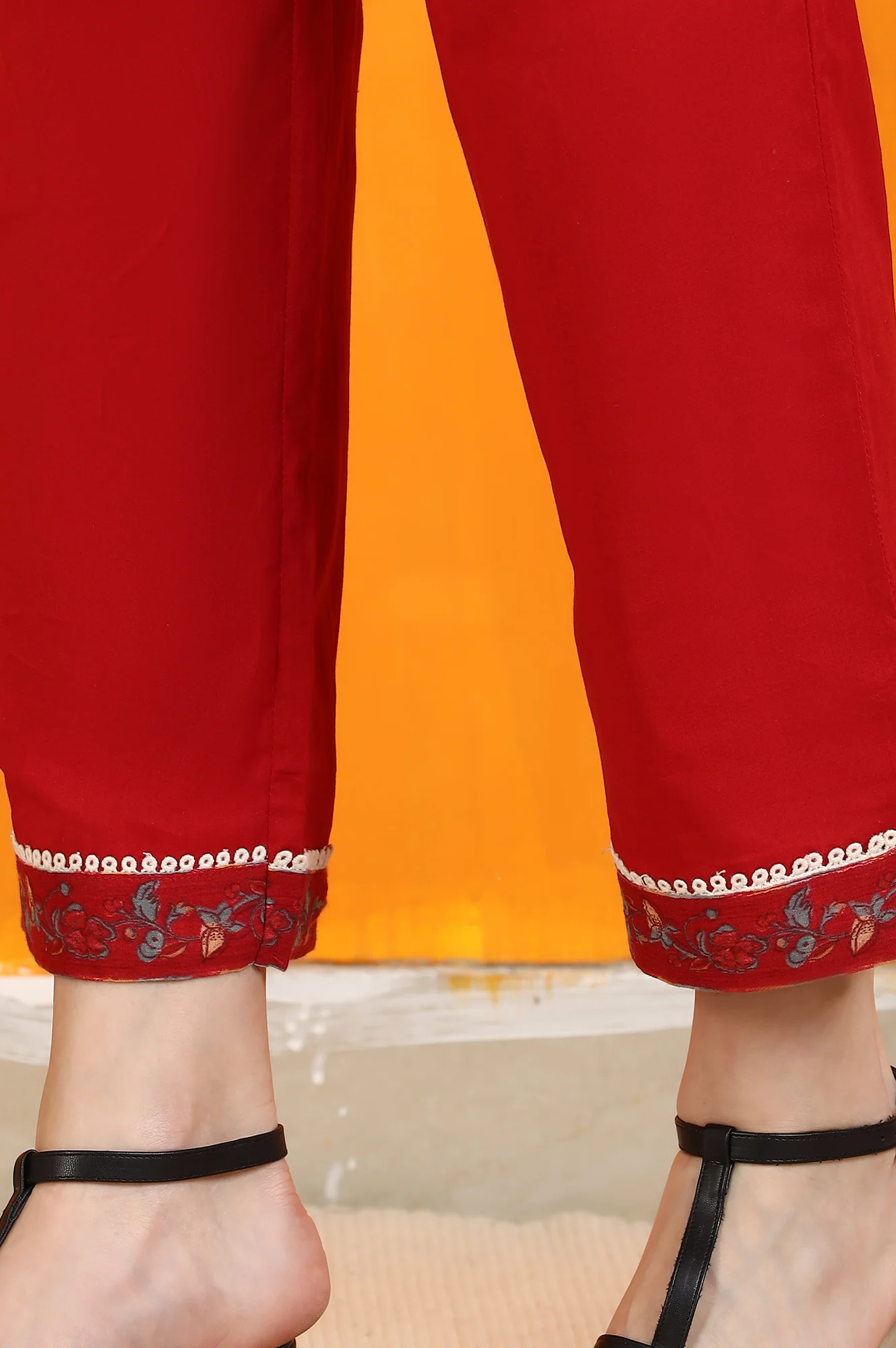 Red Floral Printed Pure Cotton Flared Kurta and Pants Co-ord Set with Dupatta - Image 10