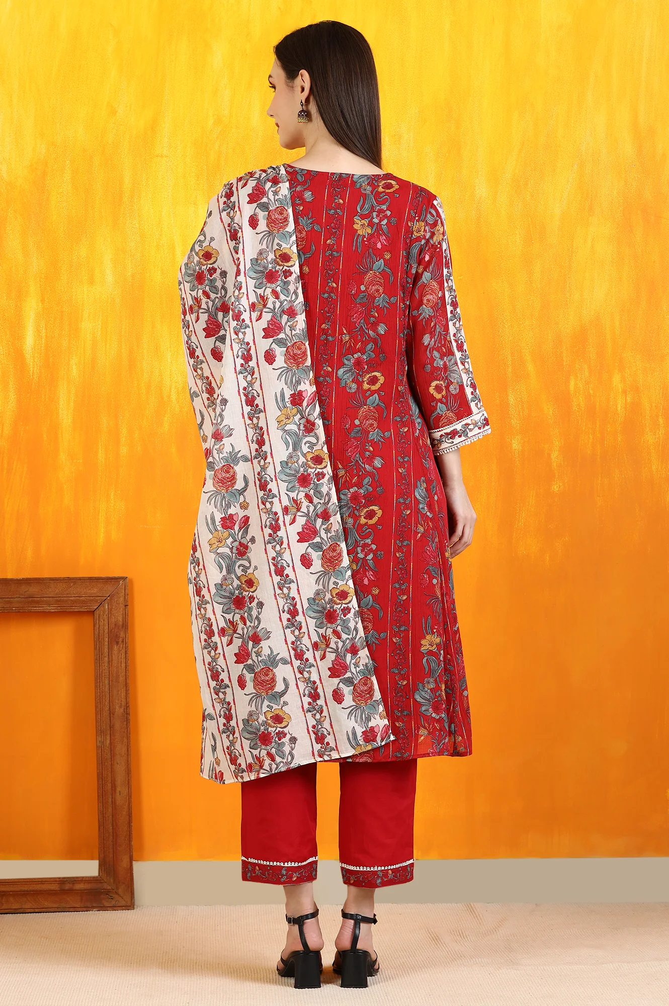 Red Floral Printed Pure Cotton Flared Kurta and Pants Co-ord Set with Dupatta - Image 6
