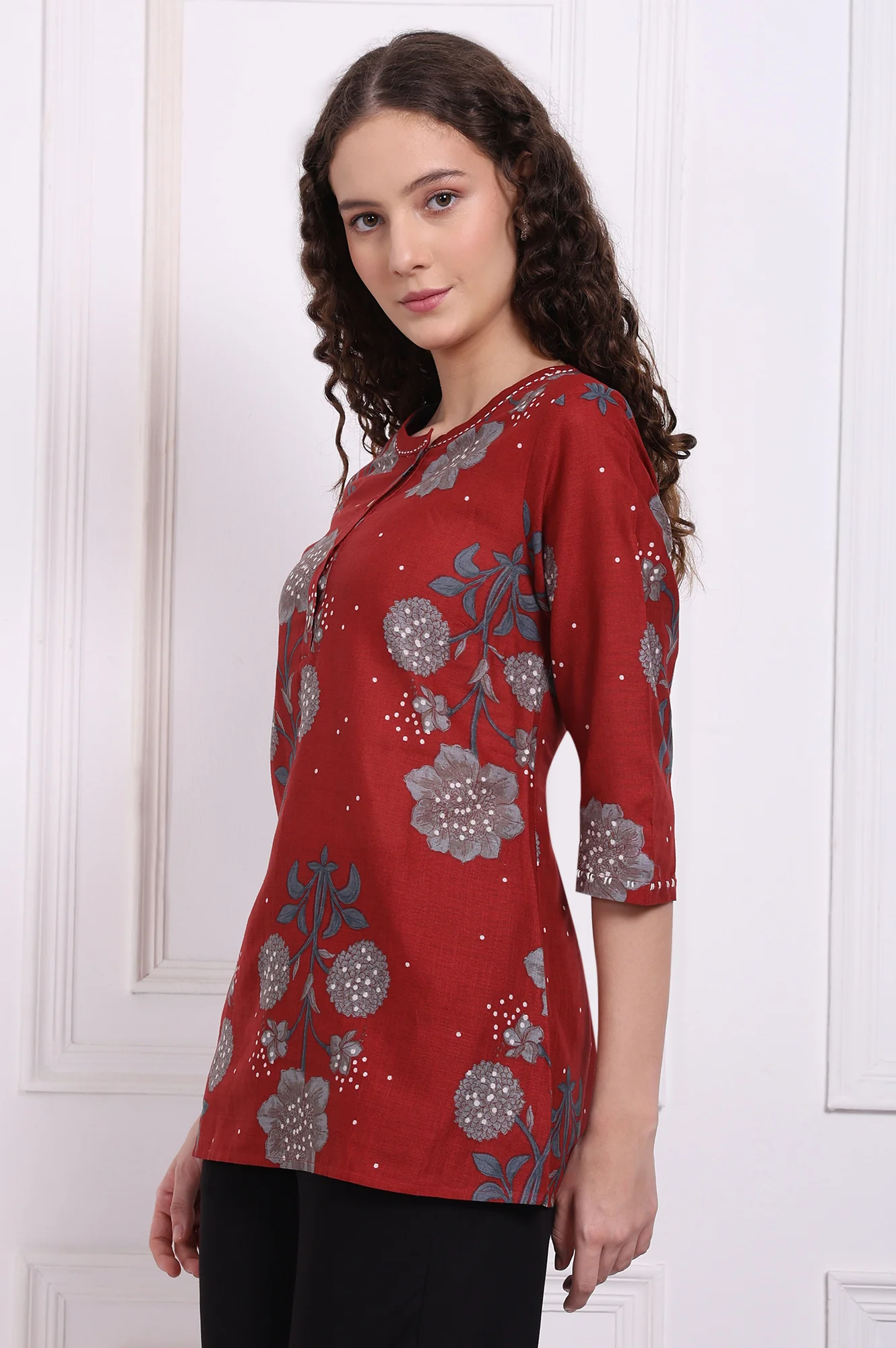 Red Floral Printed Pure Cotton Top - Image 4