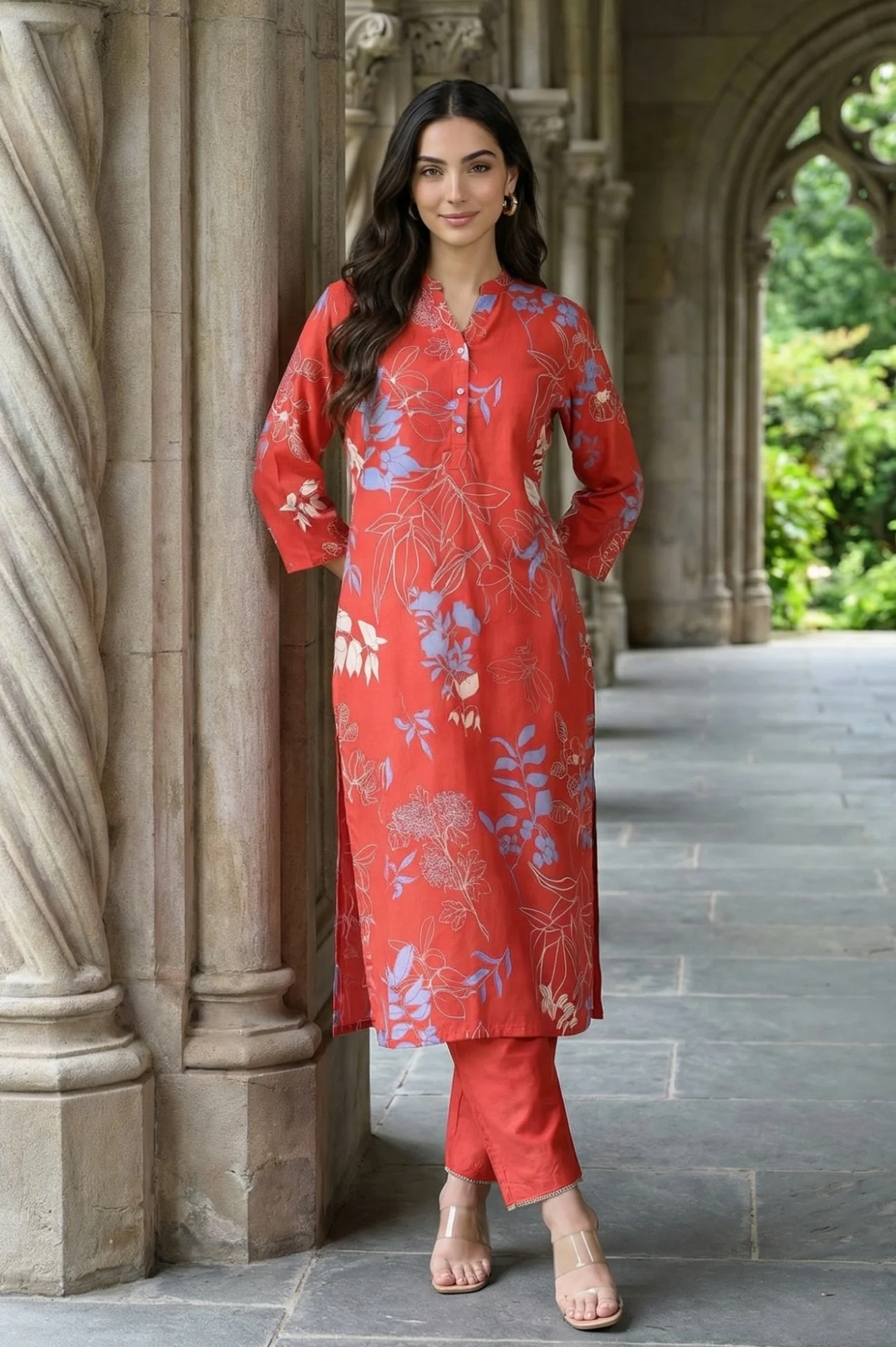 Red Floral Printed Rayon Straight Kurta