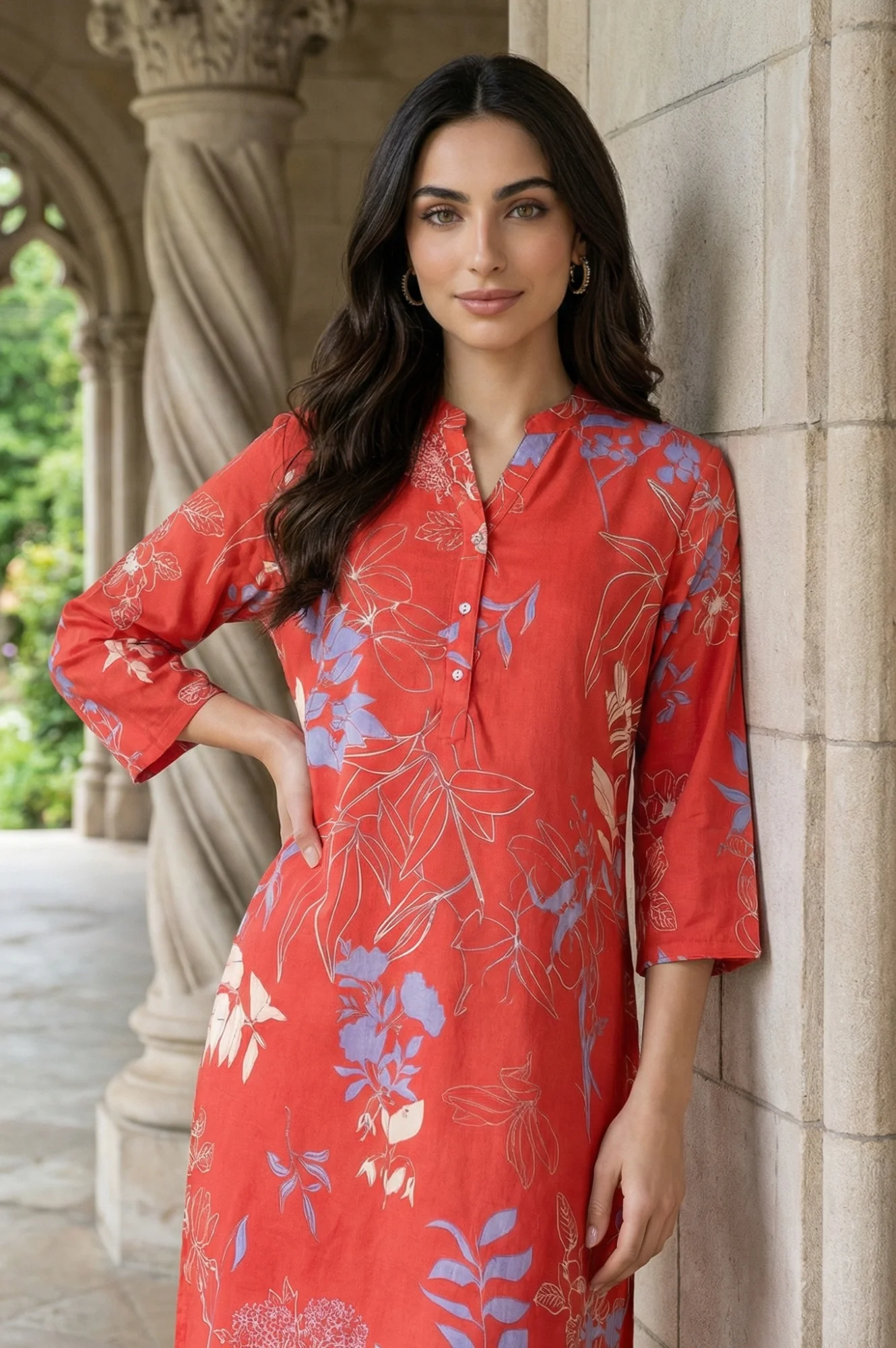 Red Floral Printed Rayon Straight Kurta - Image 3