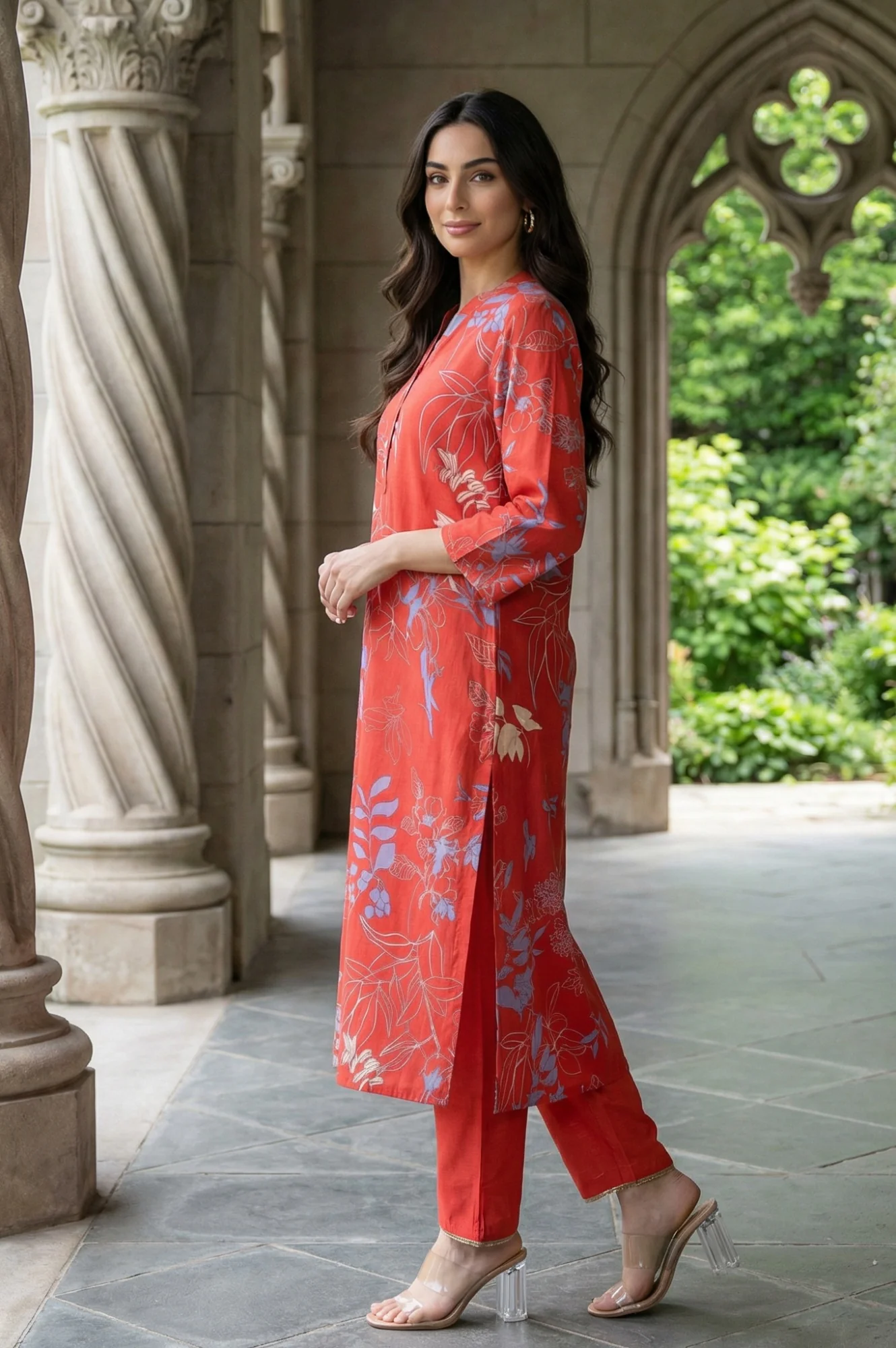 Red Floral Printed Rayon Straight Kurta - Image 4