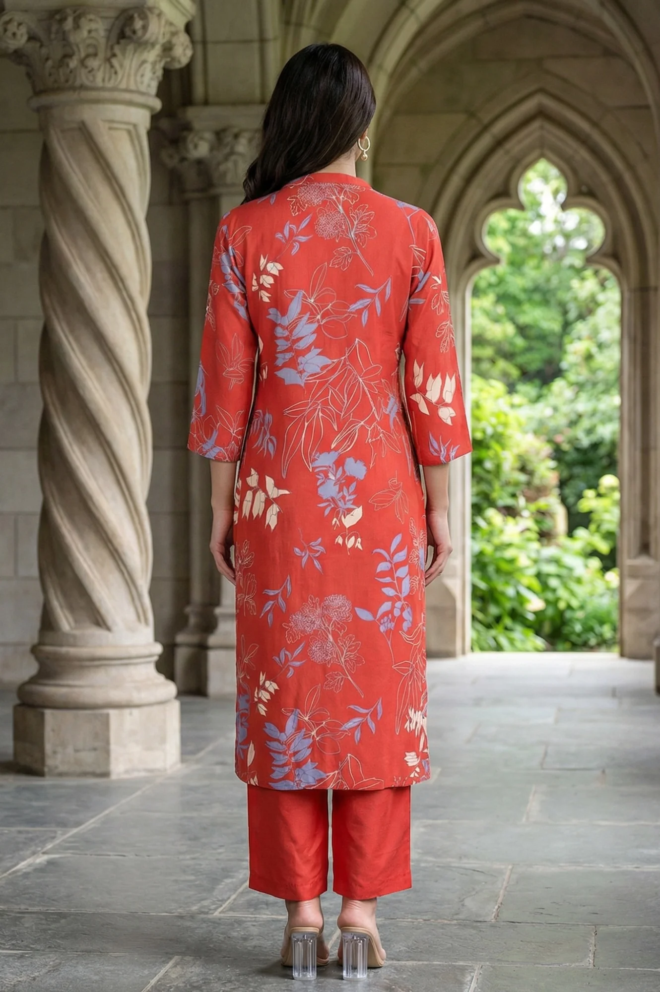 Red Floral Printed Rayon Straight Kurta - Image 5