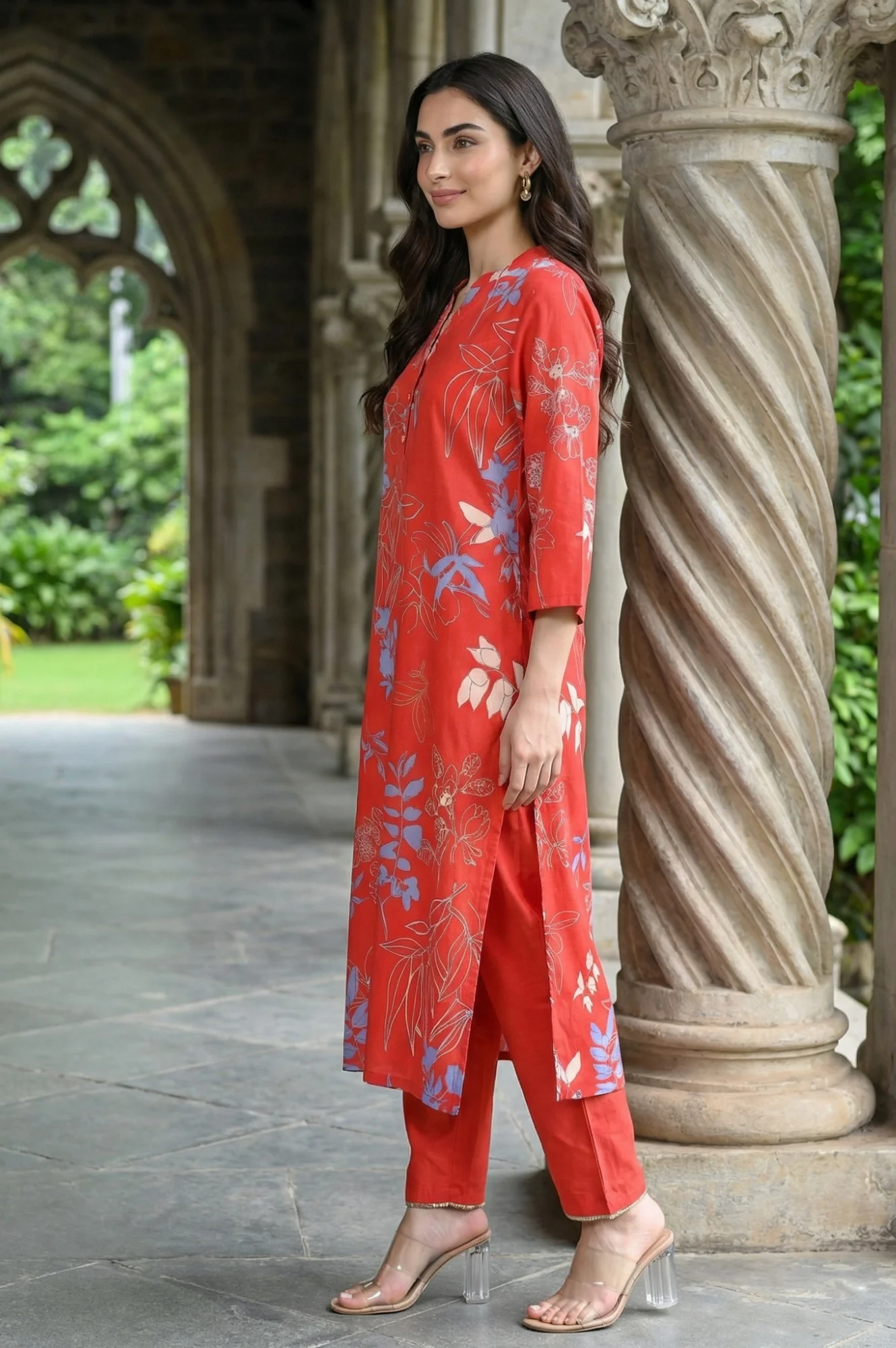 Red Floral Printed Rayon Straight Kurta - Image 6