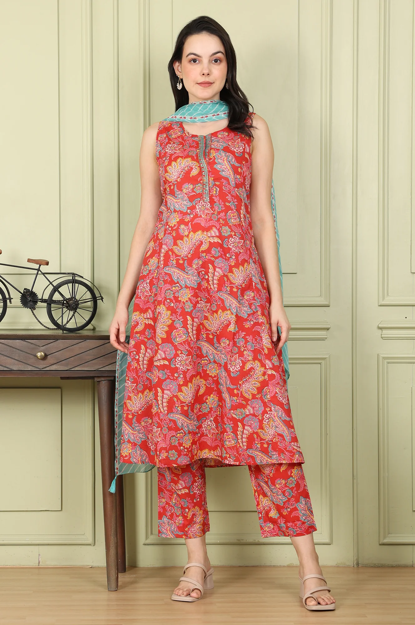 Red Floral Printed Sequined Pure Cotton A-Line Kurta, Straight Pants And Teal Printed Dupatta - Image 2