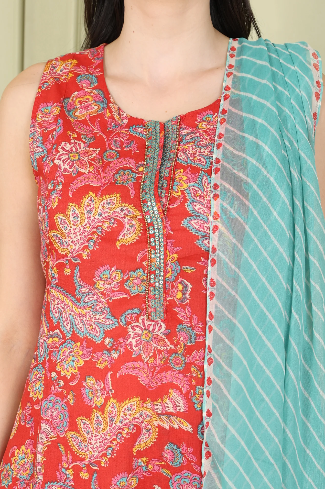 Red Floral Printed Sequined Pure Cotton A-Line Kurta, Straight Pants And Teal Printed Dupatta - Image 3