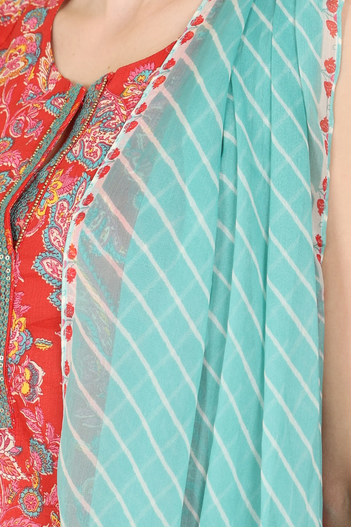 Red Floral Printed Sequined Pure Cotton A-Line Kurta, Straight Pants And Teal Printed Dupatta - Image 7