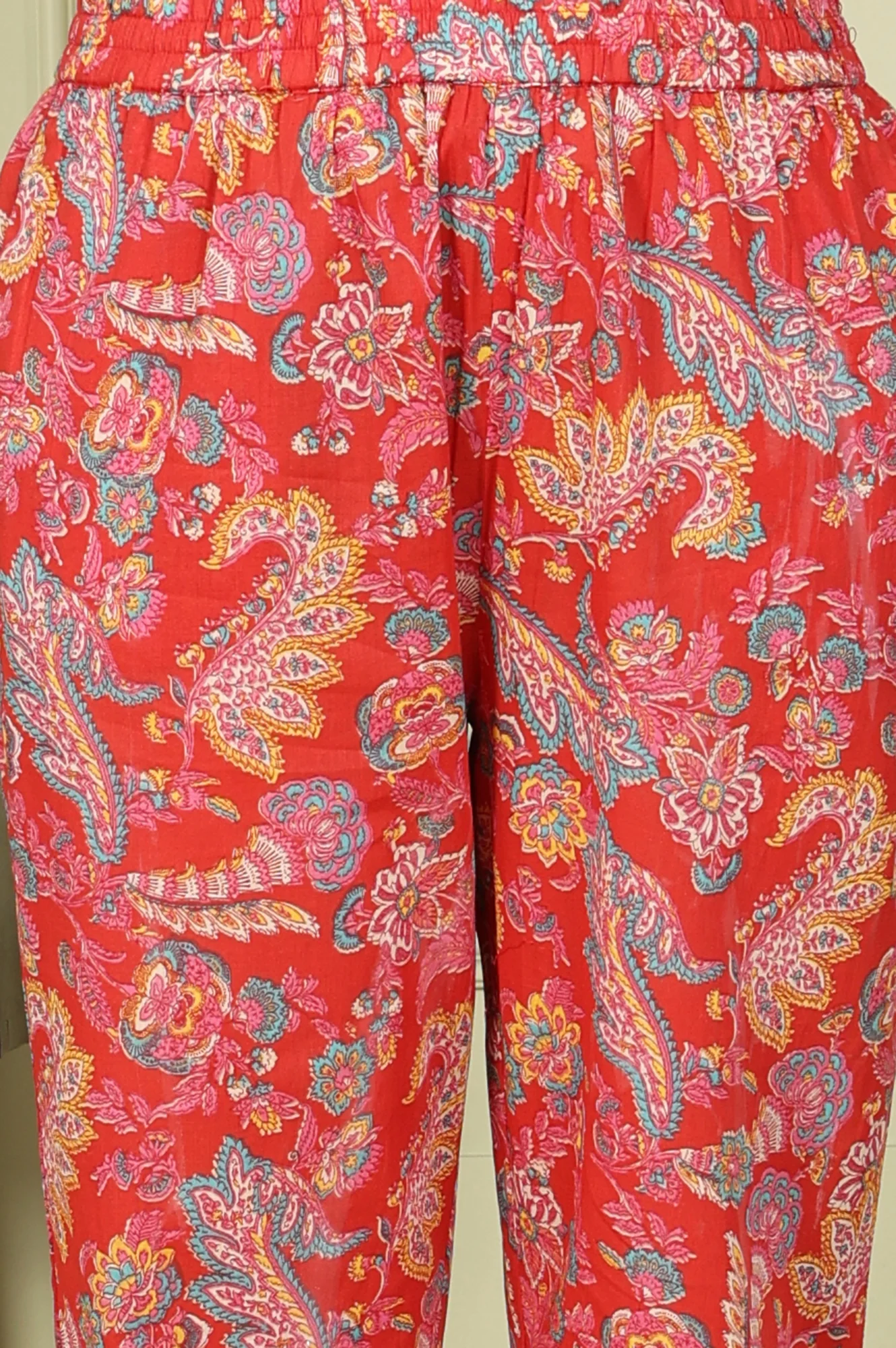 Red Floral Printed Sequined Pure Cotton A-Line Kurta, Straight Pants And Teal Printed Dupatta - Image 8
