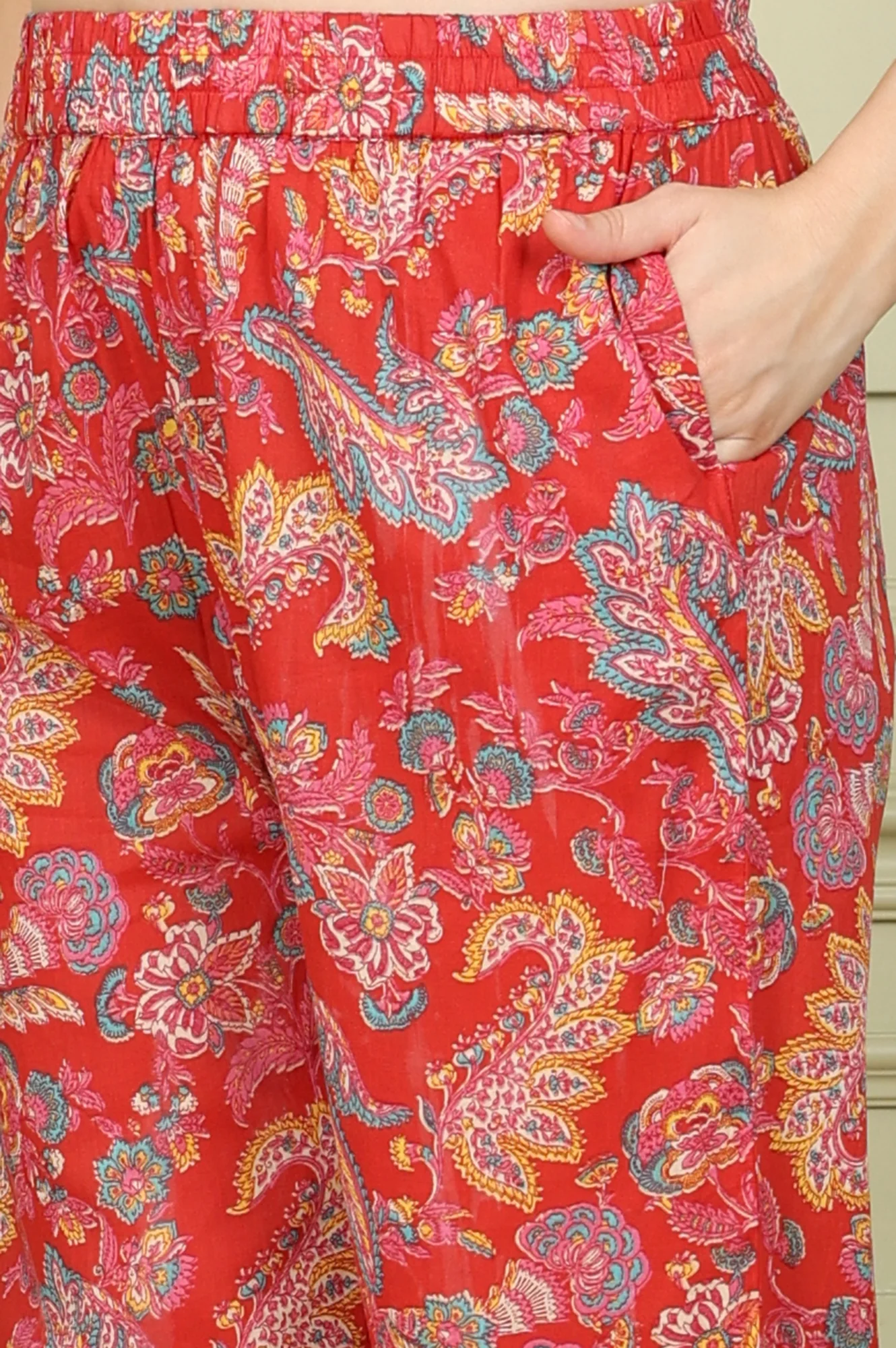 Red Floral Printed Sequined Pure Cotton A-Line Kurta, Straight Pants And Teal Printed Dupatta - Image 9