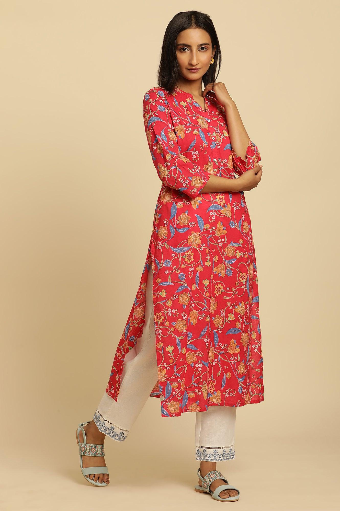 Red Floral Printed Straight Kurta - Image 5