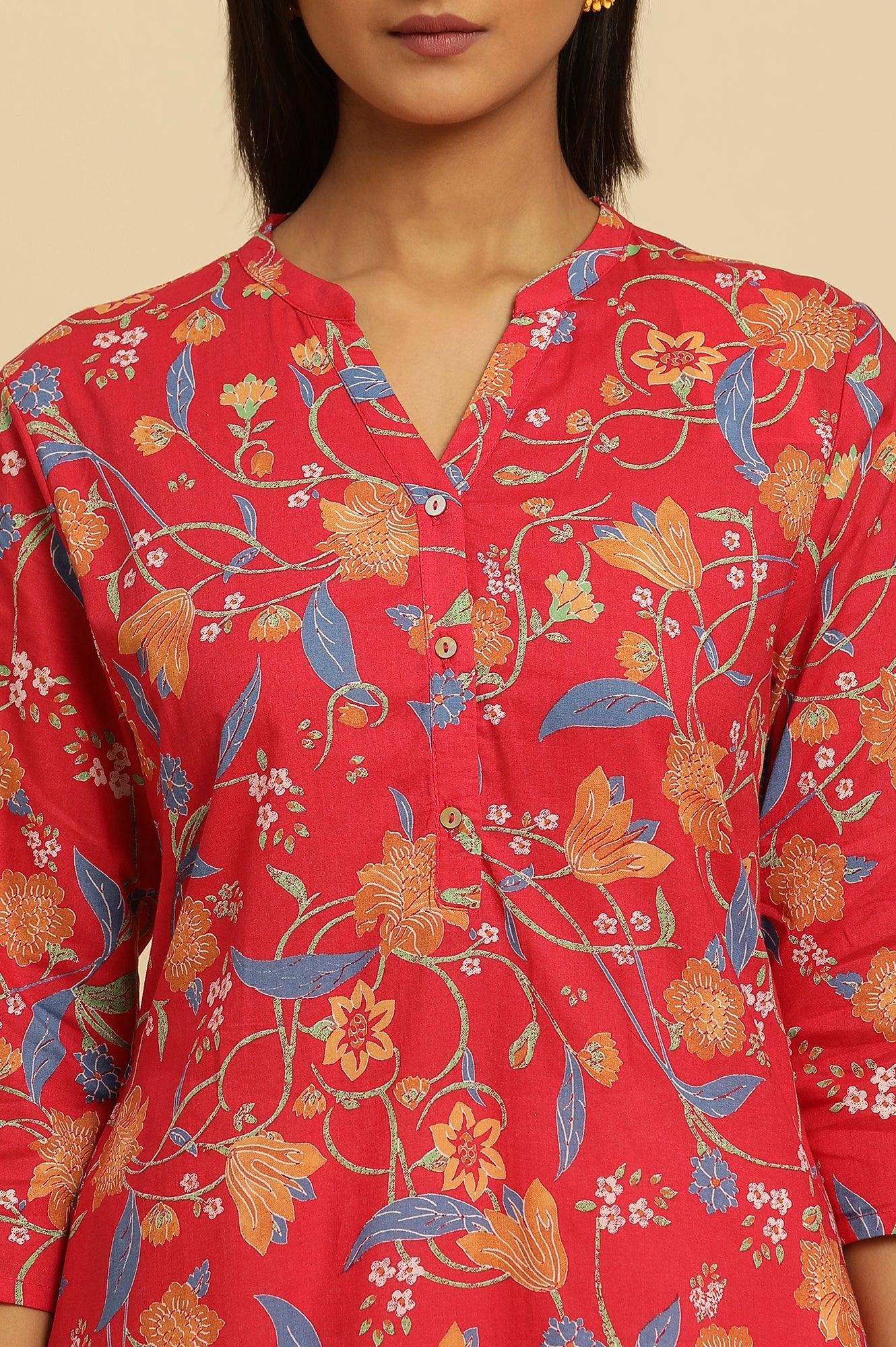 Red Floral Printed Straight Kurta - Image 6