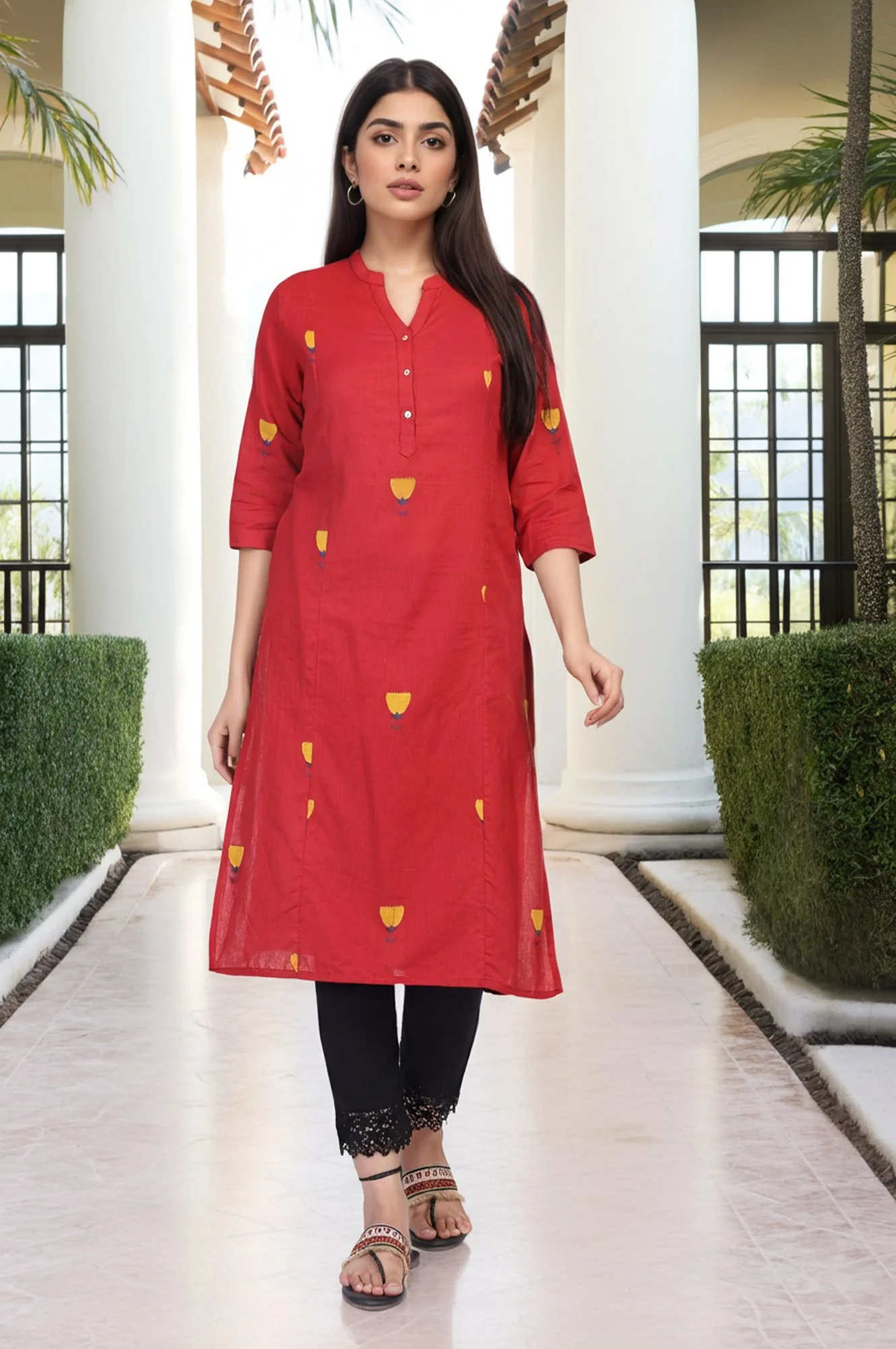 Red Floral Printed Straight Rayon Kurta - Image 2