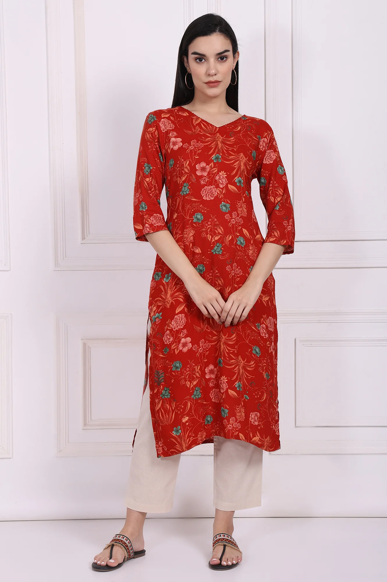 Red Floral Straight Rayon Kurta