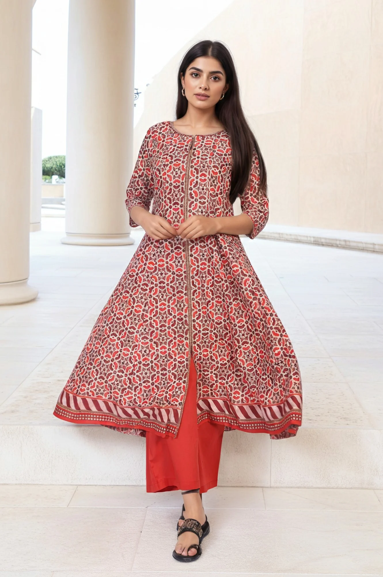 Red Geometric Embroidered Anarkali Cotton Kurta - Image 2