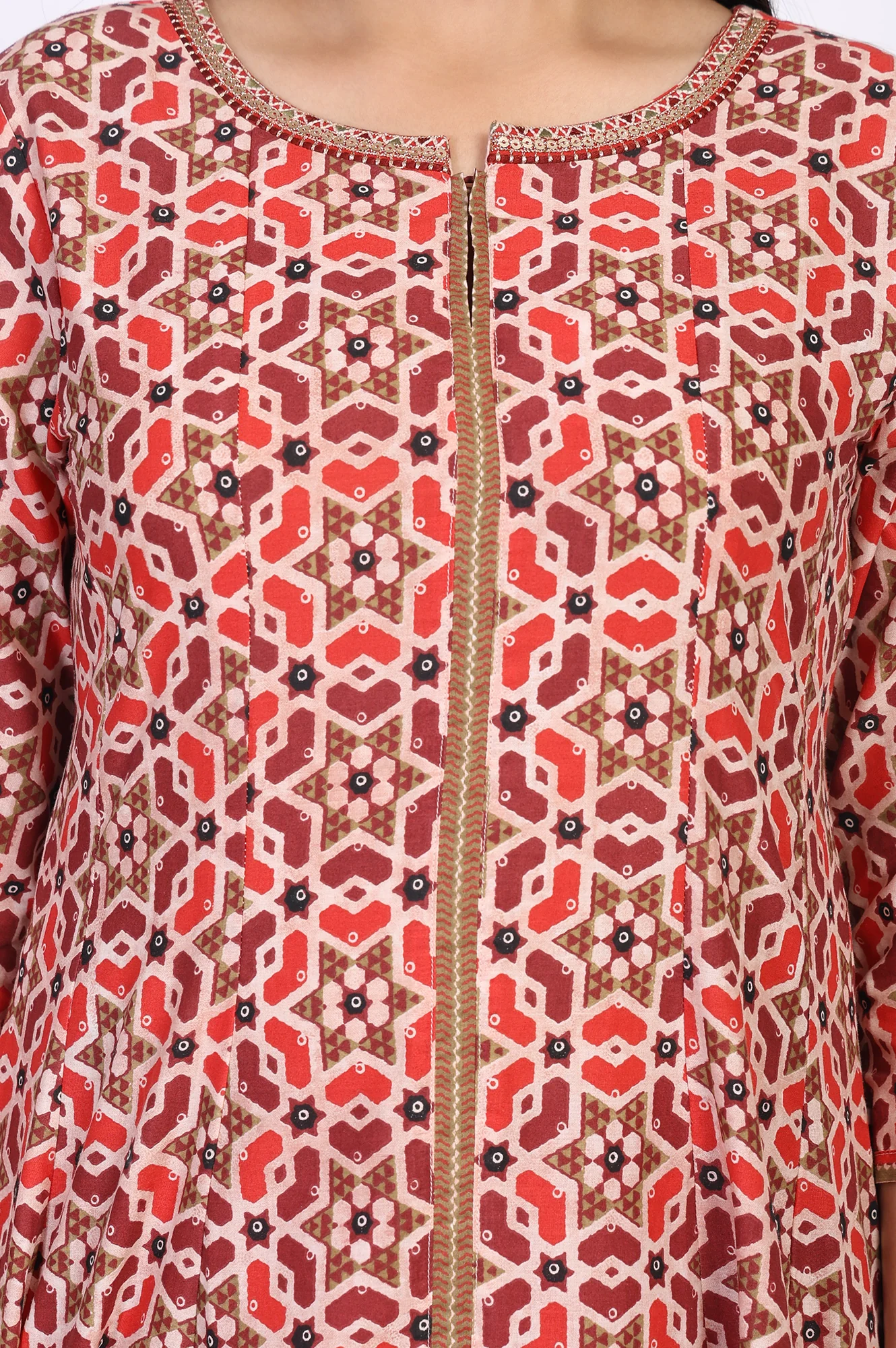 Red Geometric Embroidered Anarkali Cotton Kurta - Image 3