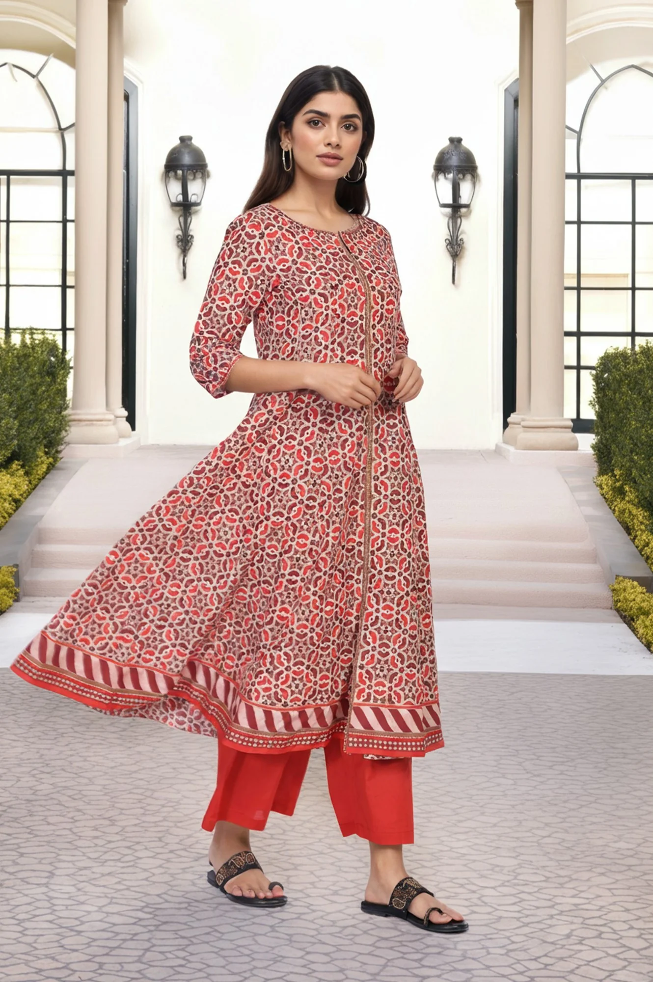 Red Geometric Embroidered Anarkali Cotton Kurta - Image 4