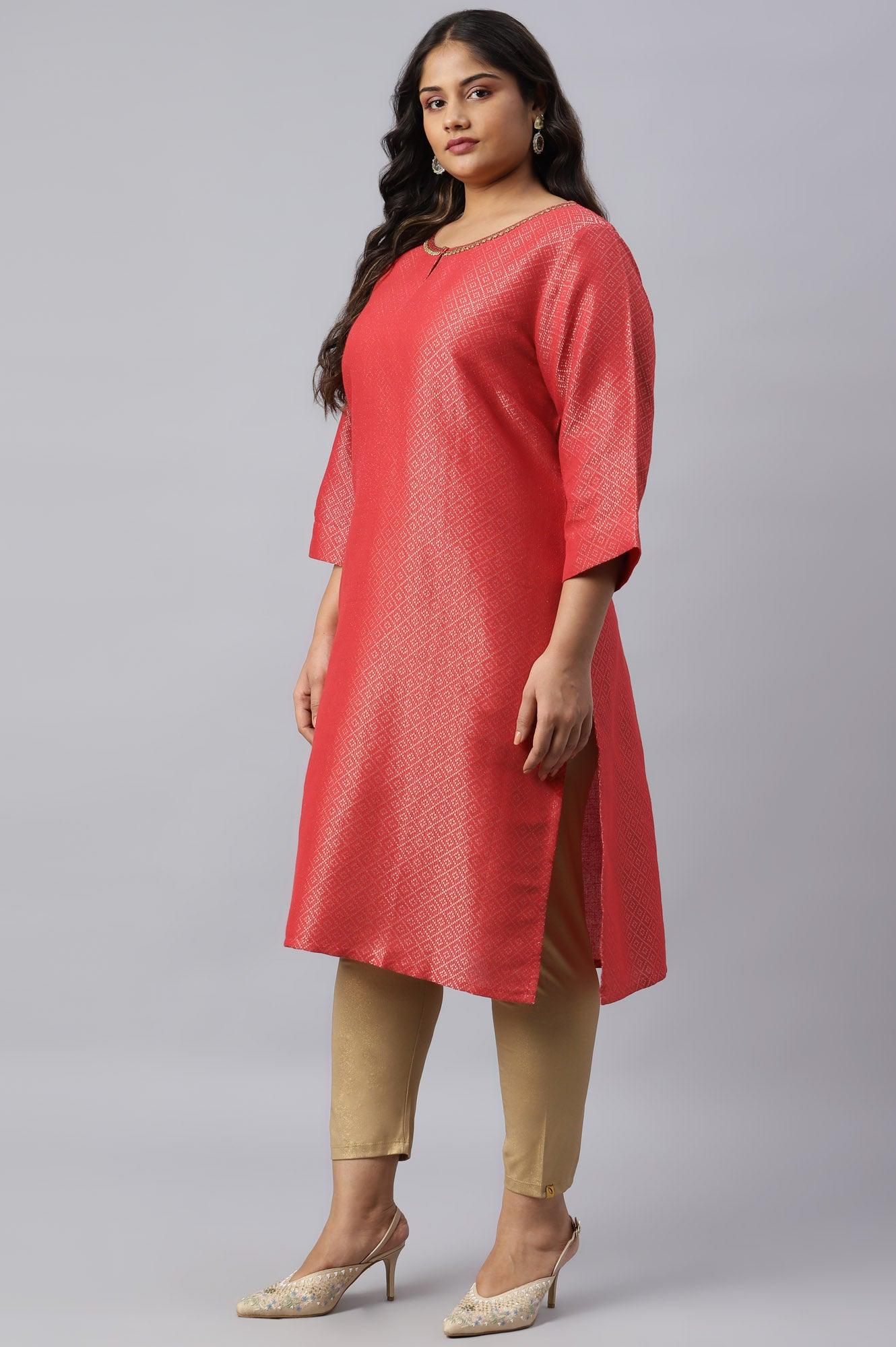 Red Geometric Print Dobby Plus Size kurta - Image 3