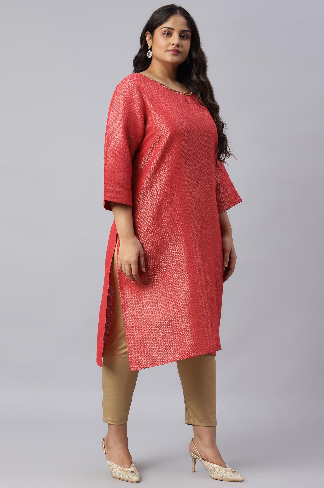 Red Geometric Print Dobby Plus Size kurta - Image 4