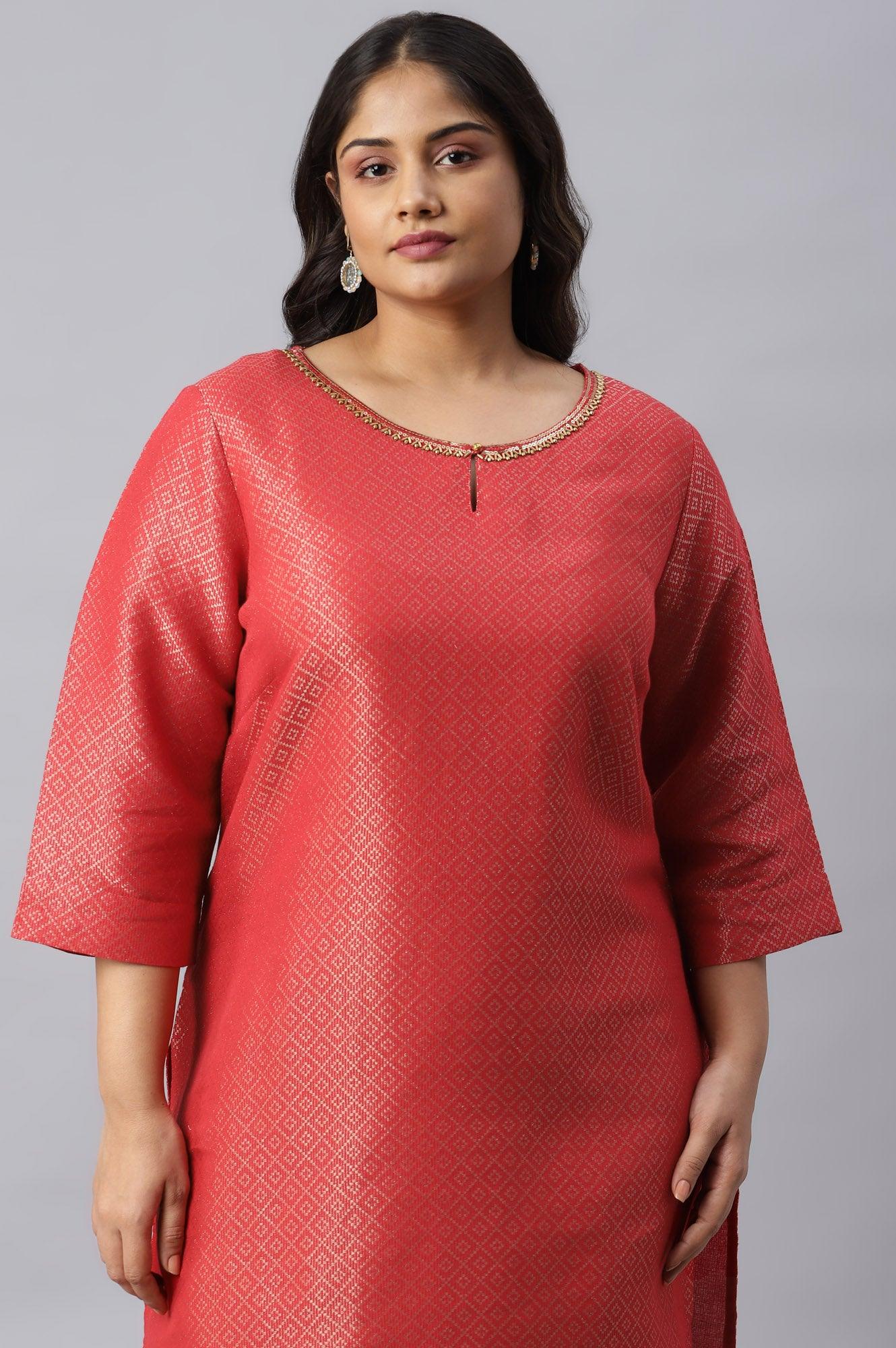 Red Geometric Print Dobby Plus Size kurta - Image 5