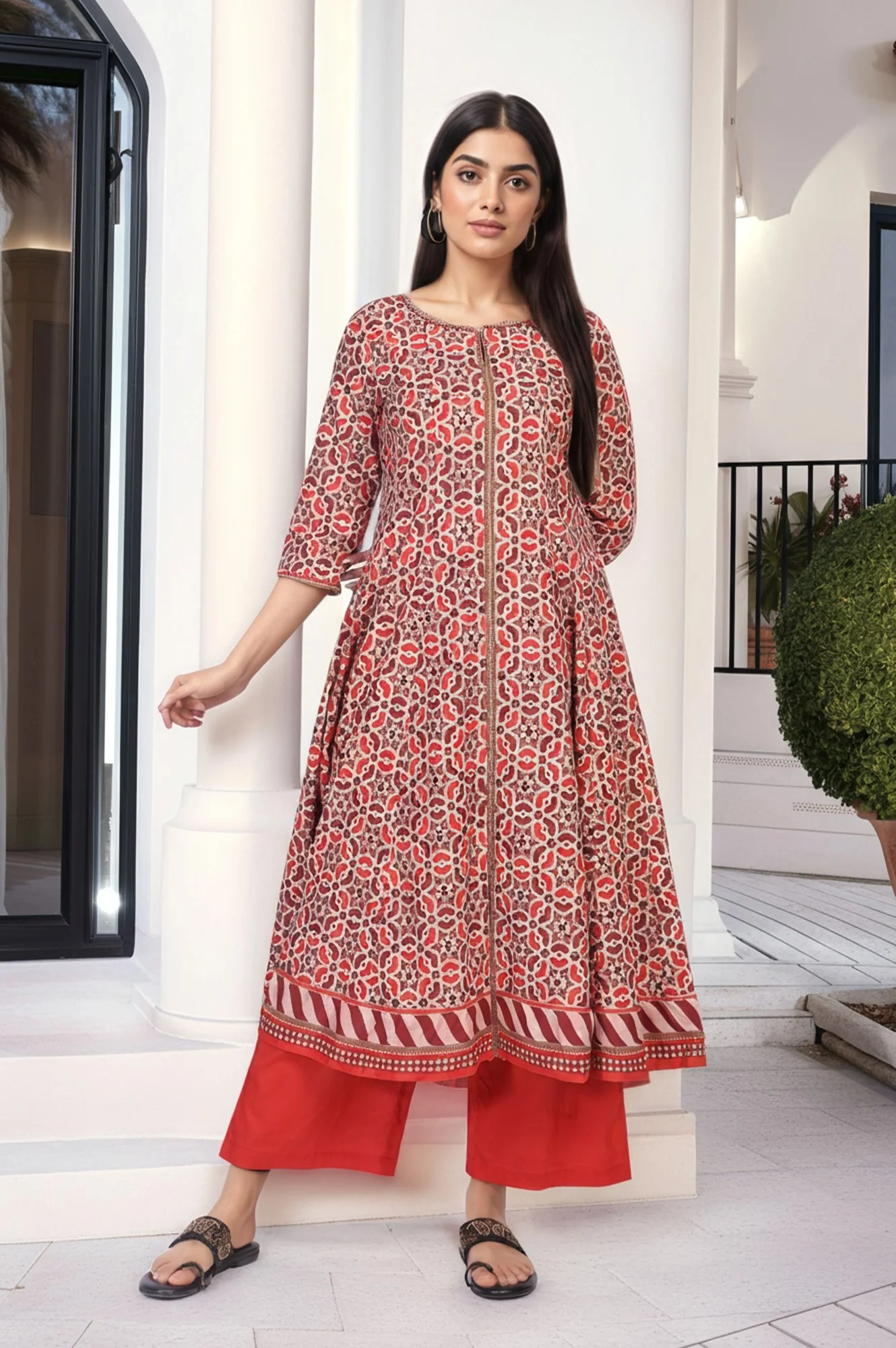 Red Geometric Printed Anarkali Cotton Kurta with Parallel Pant Set - Image 2