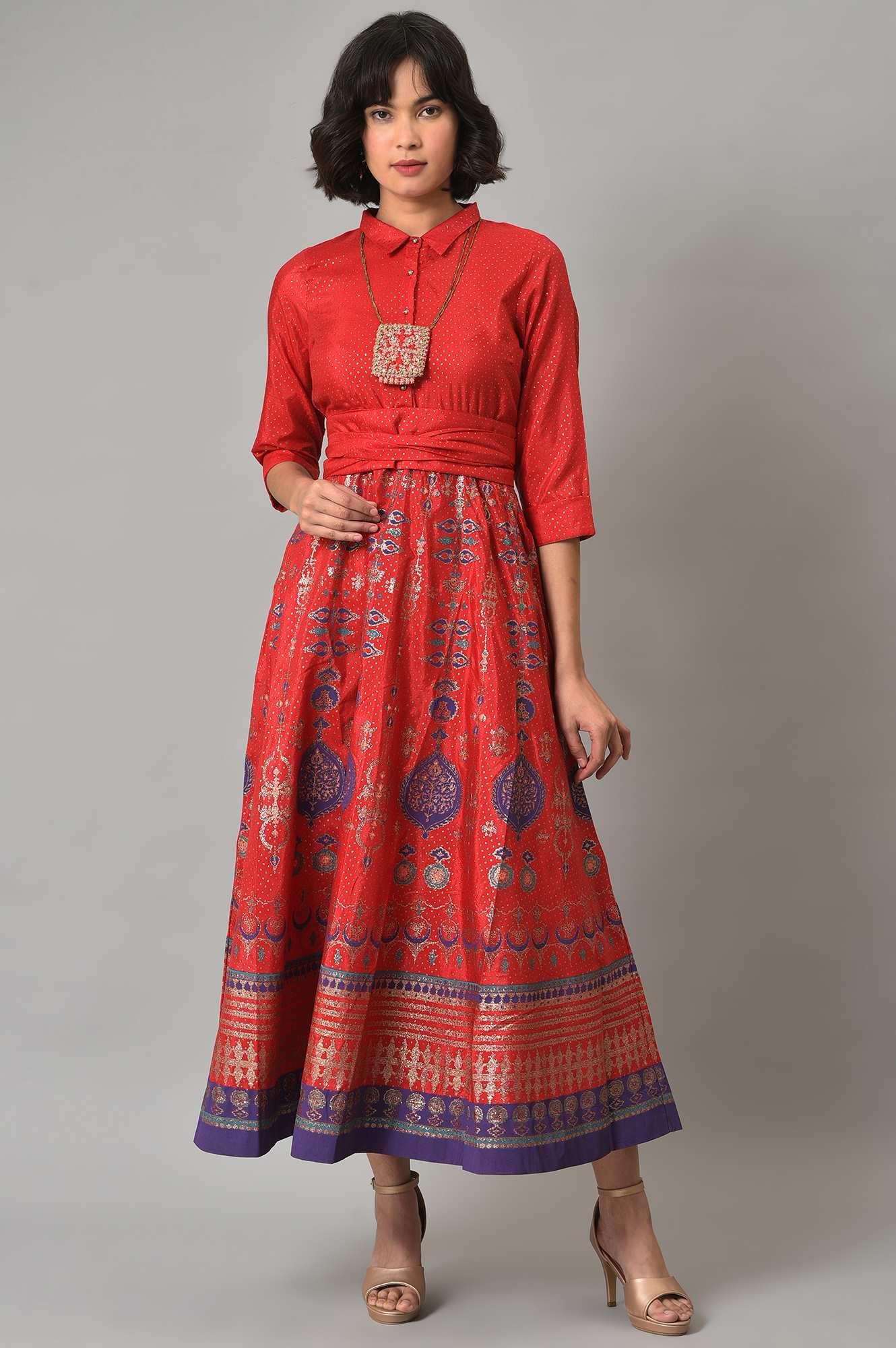 Red Glitter Printed Festive Shirt Dress With Placket - Image 6