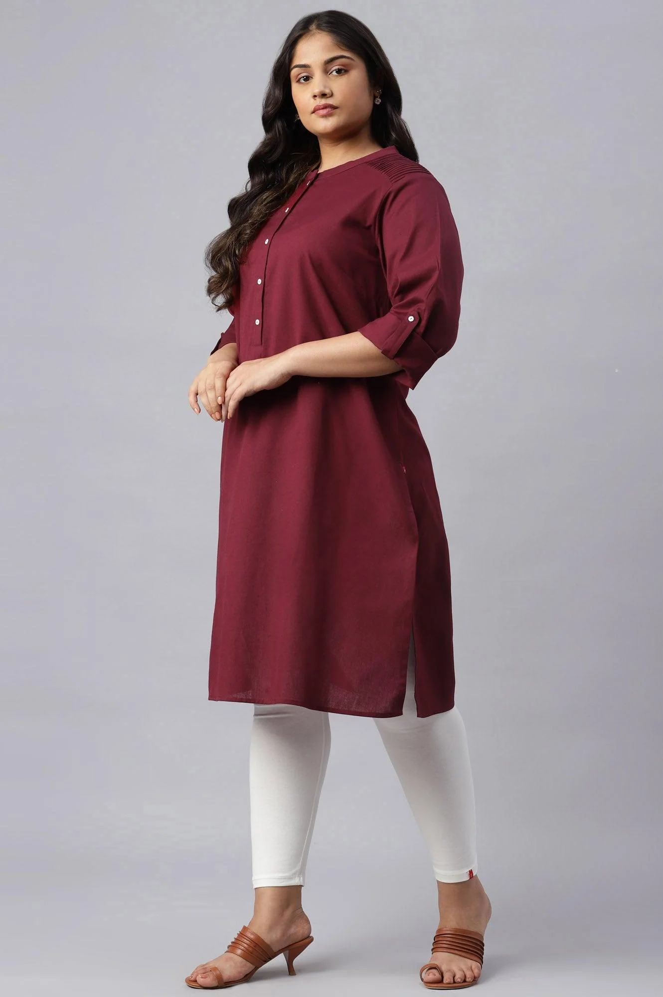 Red Half Placket Plus Size Shirt kurta - Image 3