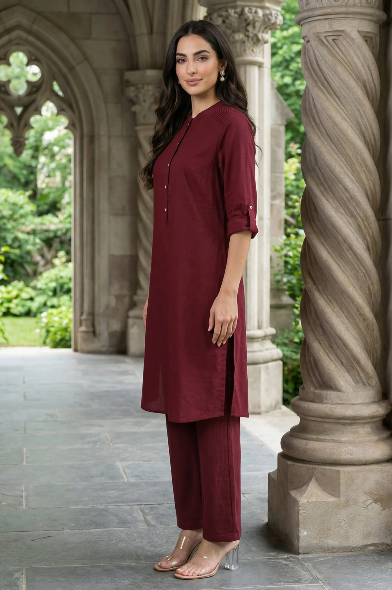 Red Half Placket Shirt kurta - Image 4