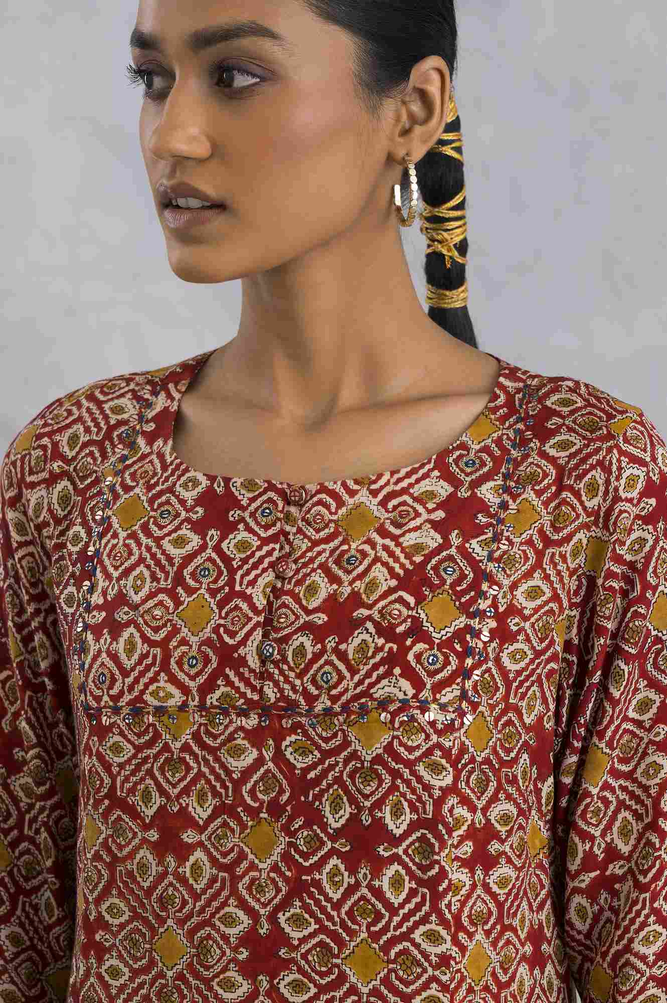 Red Hand Block Print Flared kurta - Image 6