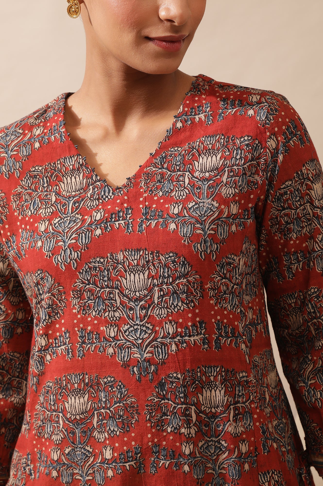 Red Hand Block Print Kurta In Cotton Slub - Image 6