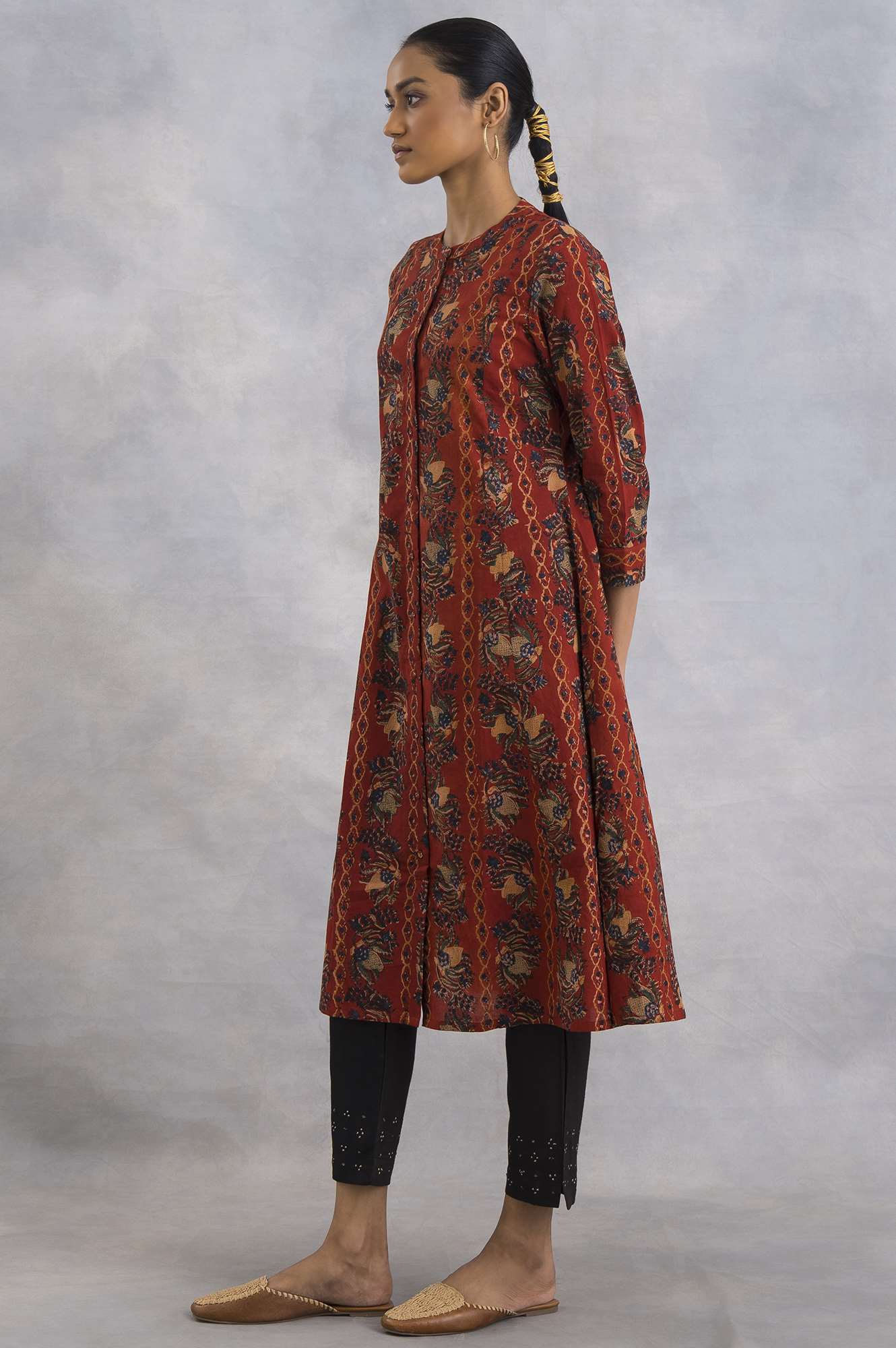 Red Hand Block Printed Cotton Shirtdress - Image 3
