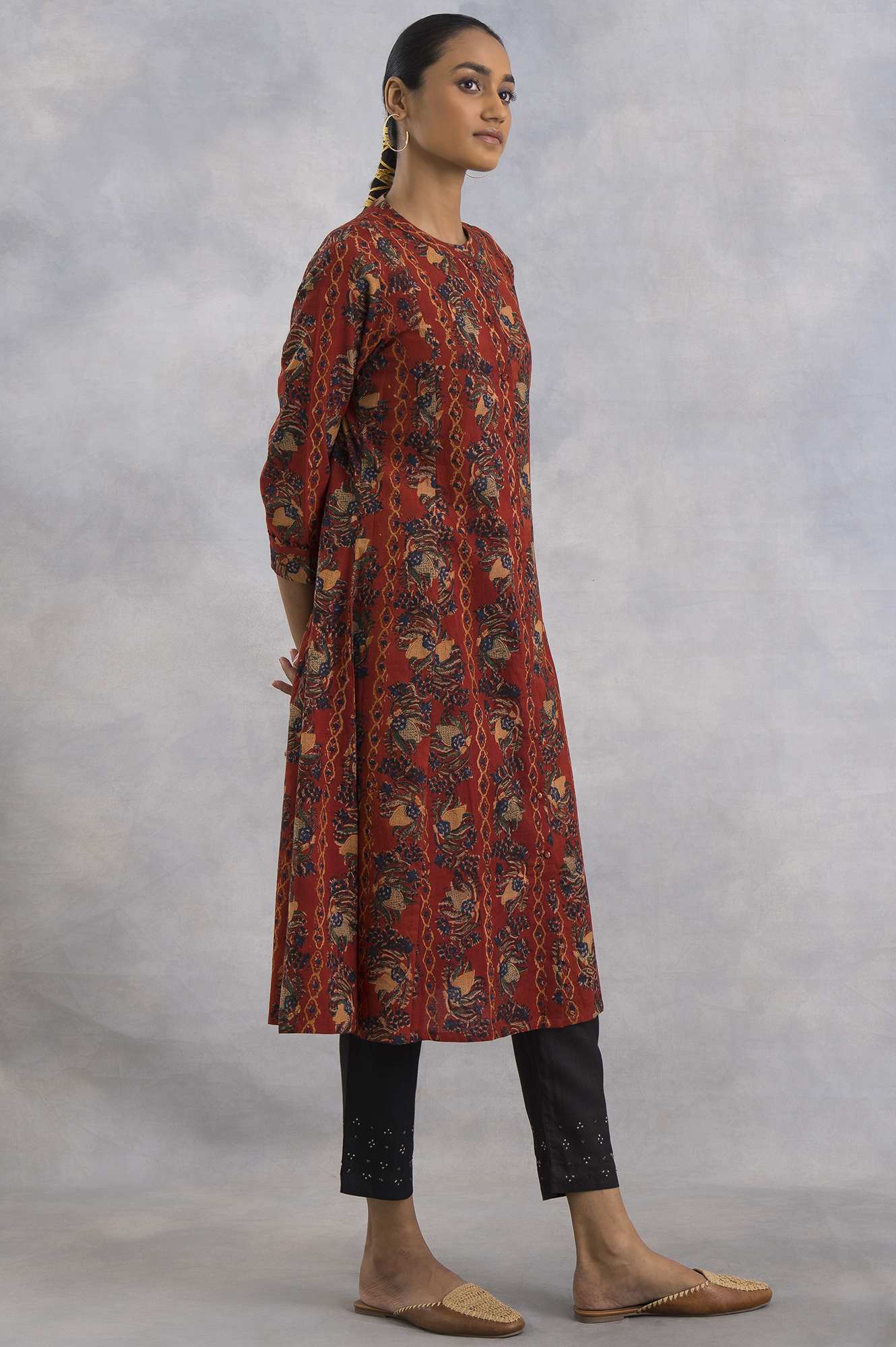 Red Hand Block Printed Cotton Shirtdress - Image 4