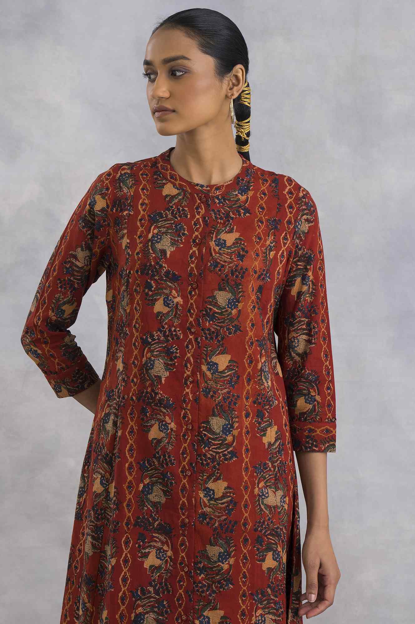 Red Hand Block Printed Cotton Shirtdress - Image 5