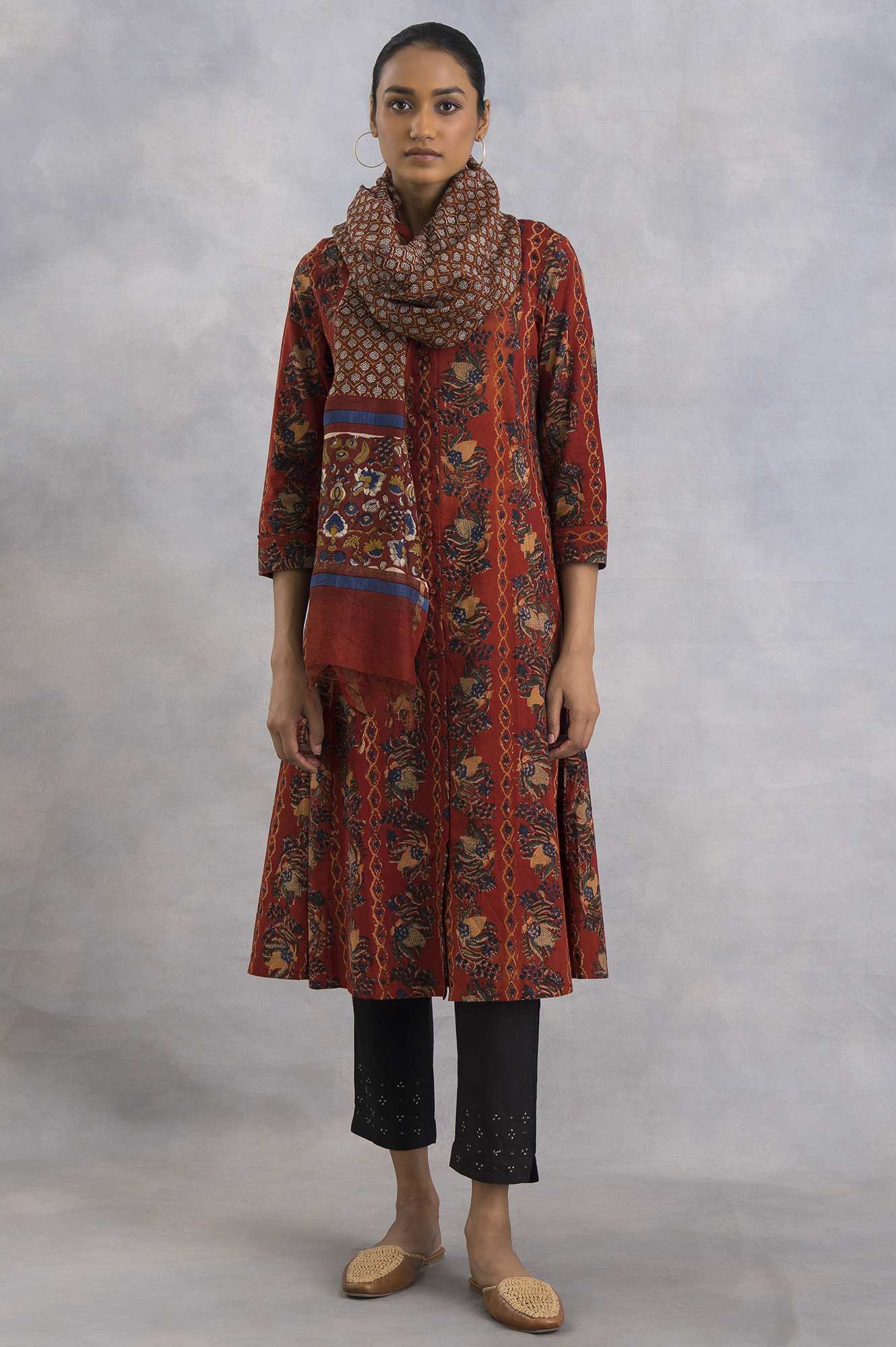 Red Hand Block Printed Cotton Shirtdress - Image 6