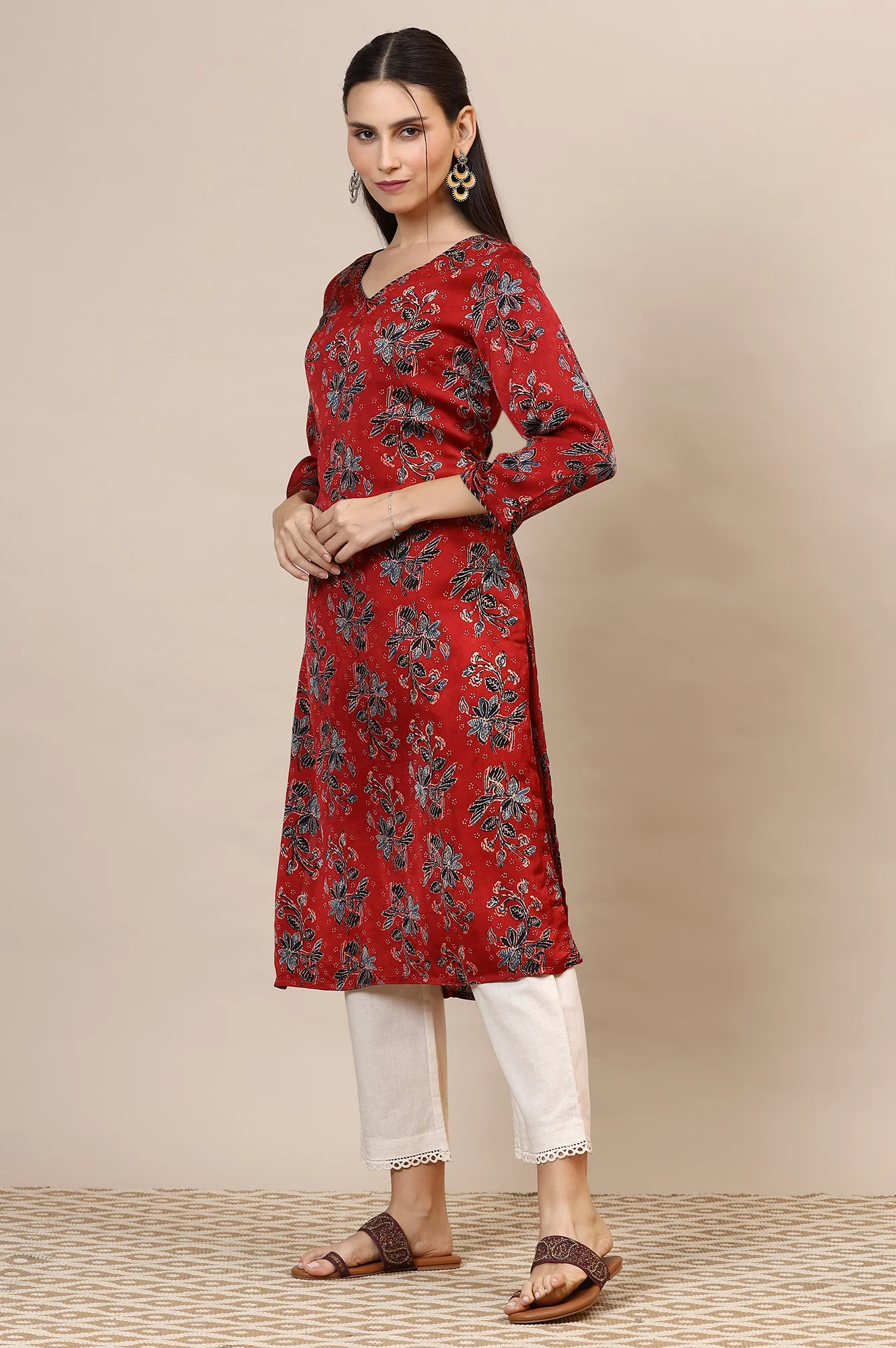 Red Handblock Ajrakh Printed Kurta in Lustrous Modal Satin - Image 5