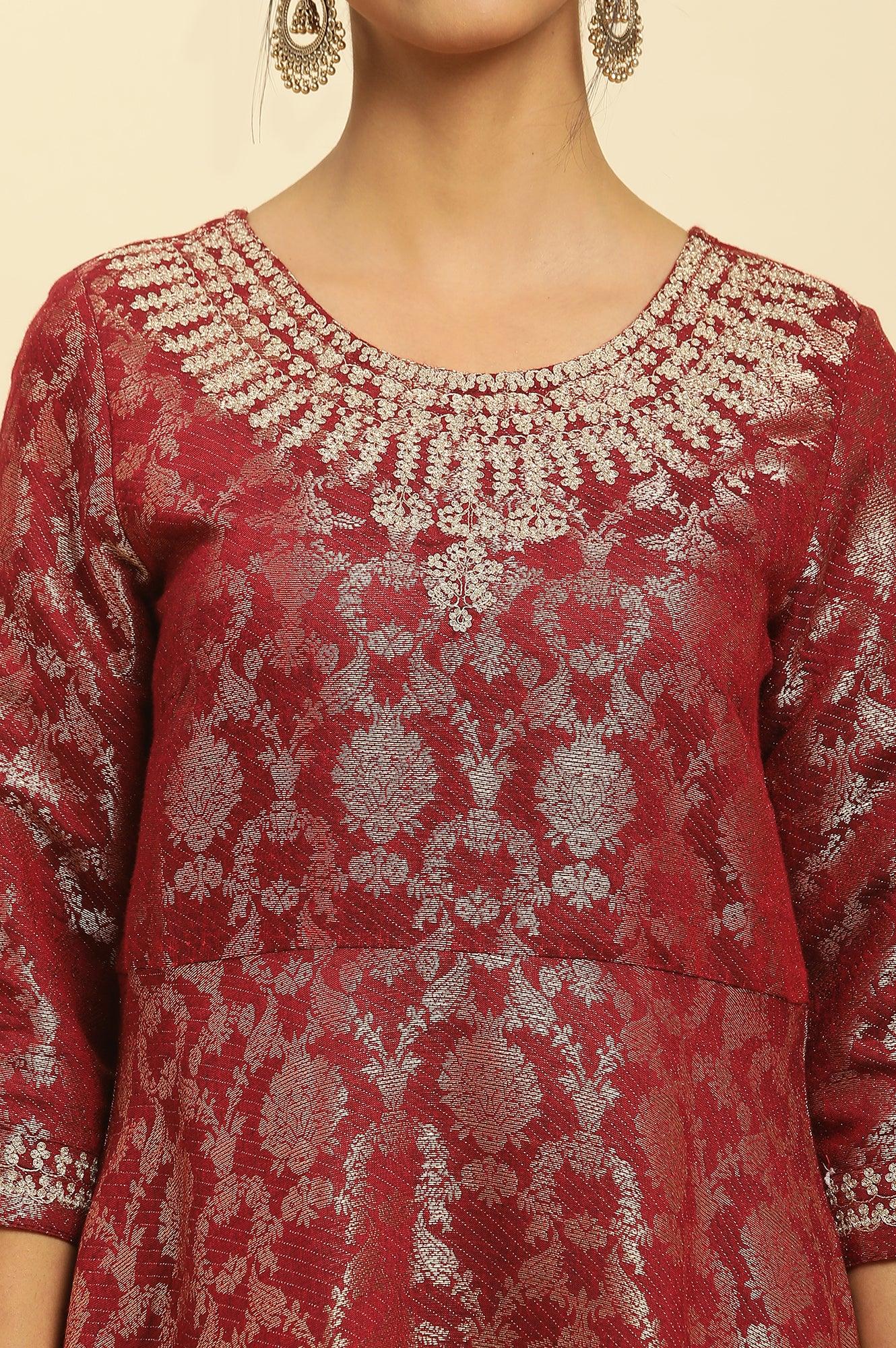 Red Jacquard Embroidered Cotton Silk A-Line Ethnic Dress - Image 6