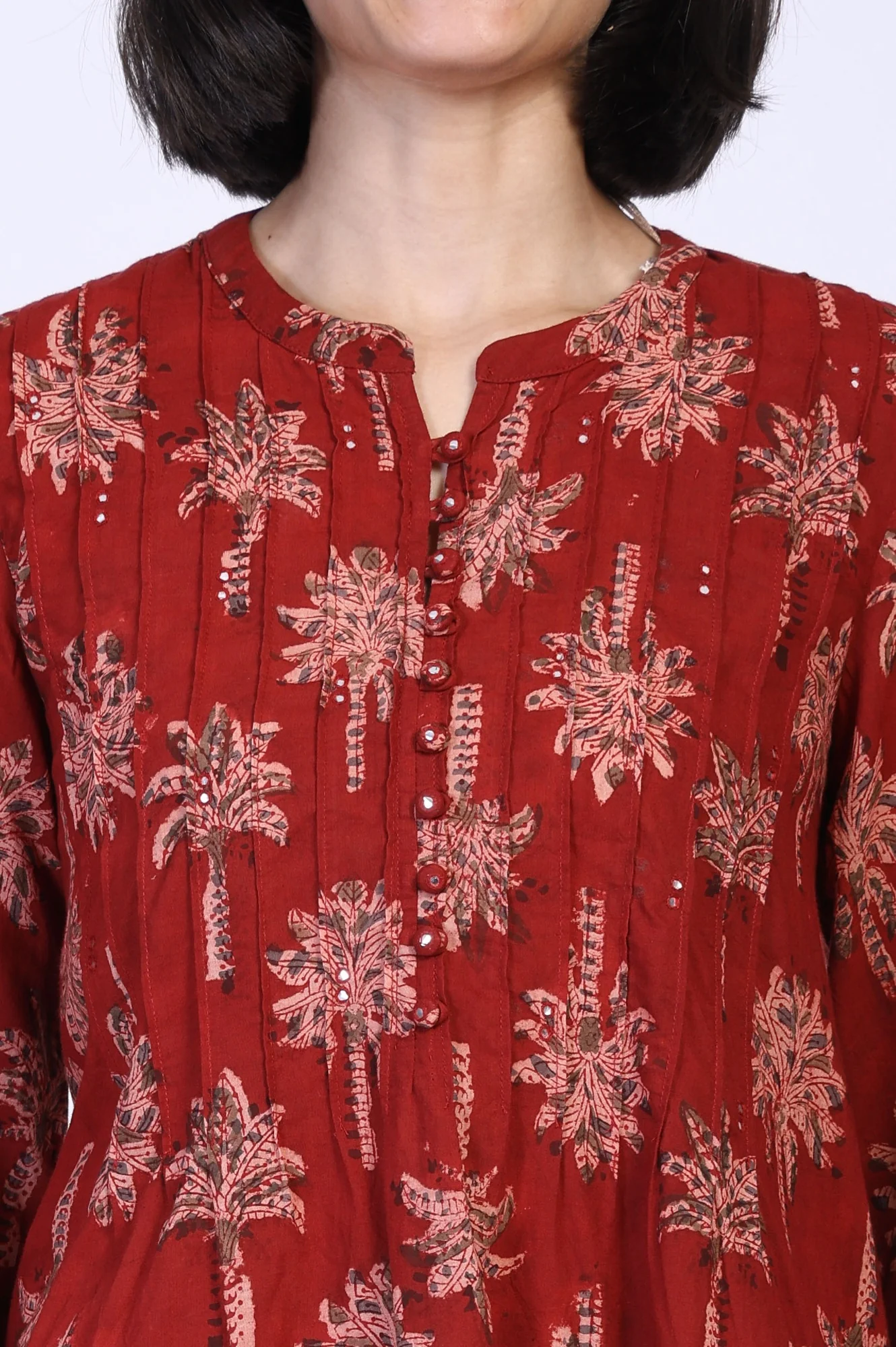 Red Kalamkari Printed Mirror Work Straight Cotton Top - Image 3
